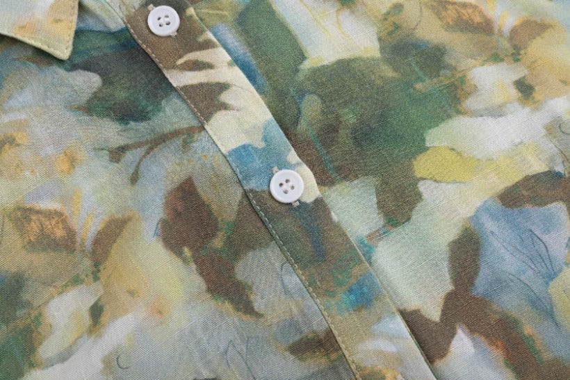 Painted Floral Linen Blouse Sea Blue - Image 6