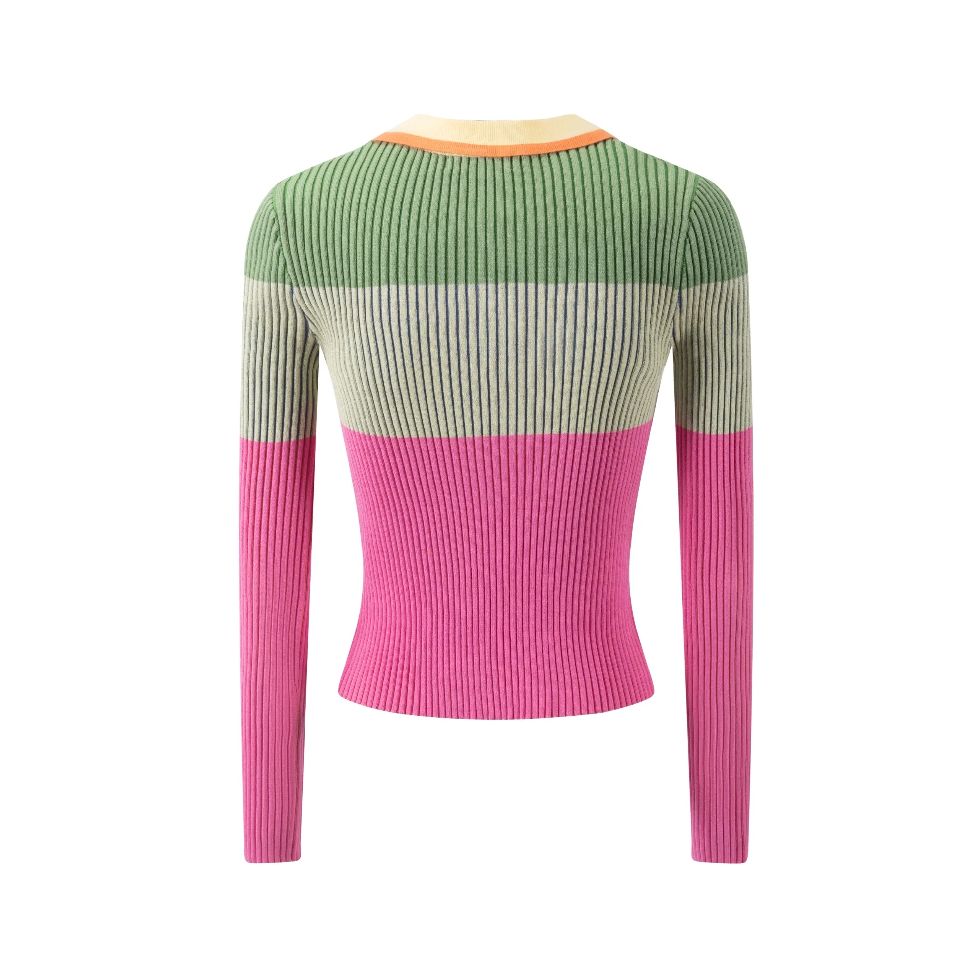 Pink And Green Knit Ribbed Top With Collar - Image 3