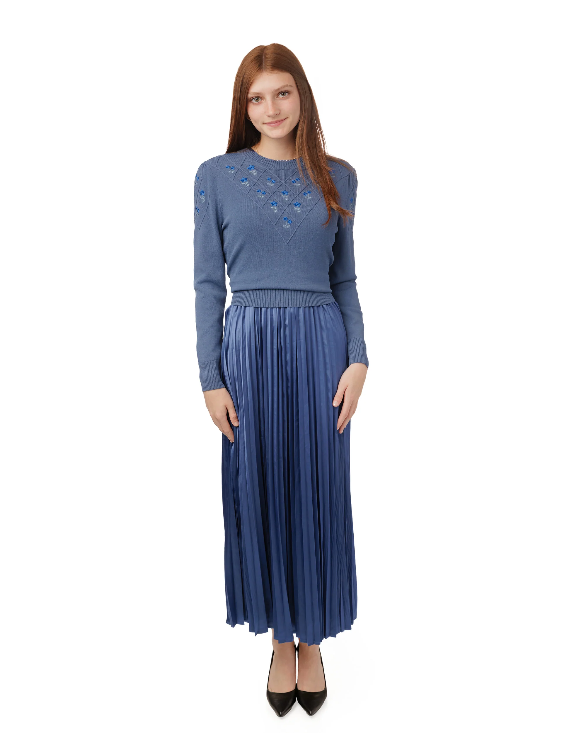 Pleated Dress With Embroidered Knit Overlay - Blue - Image 2