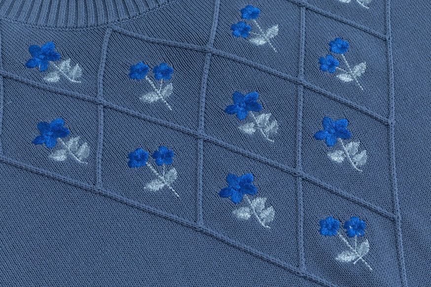 Pleated Dress With Embroidered Knit Overlay - Blue - Image 6