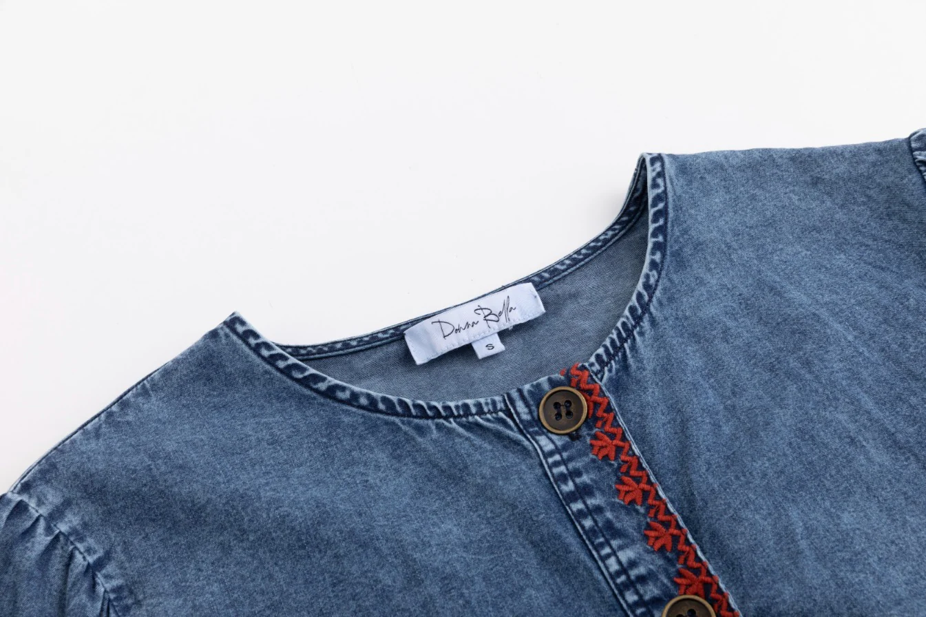 Red Embroidery Trim Denim Dress - Image 4