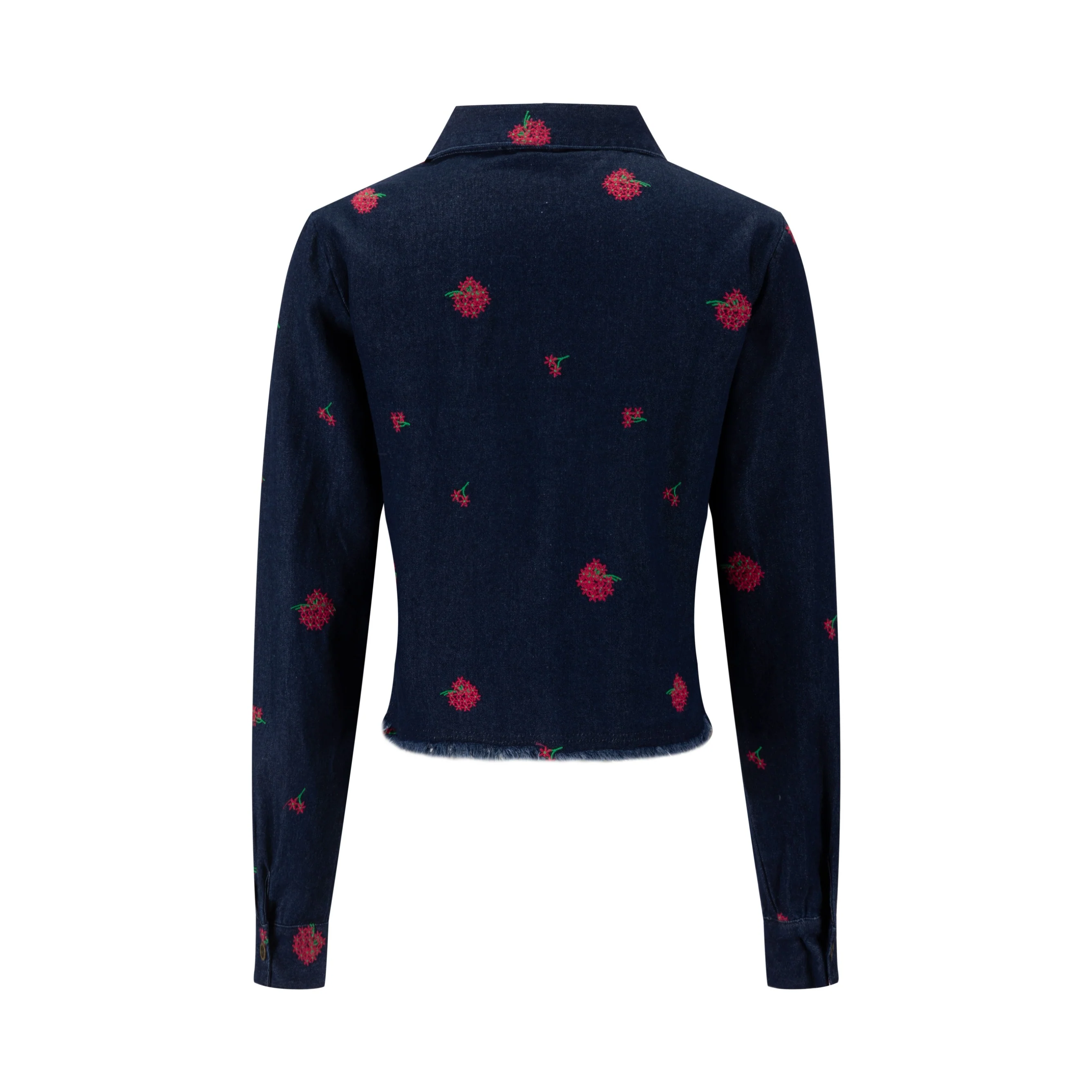 Red Flowers Embroidered Denim Top - Dark Blue - Image 3