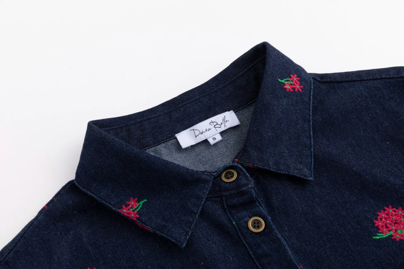Red Flowers Embroidered Denim Top - Dark Blue - Image 6