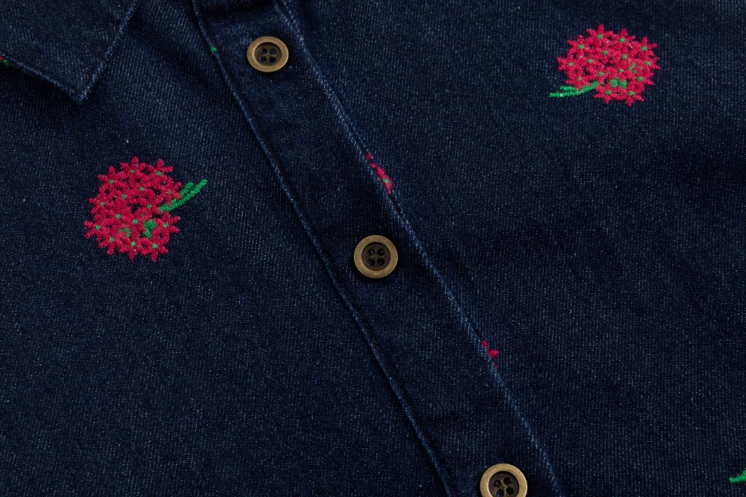Red Flowers Embroidered Denim Top - Dark Blue - Image 7