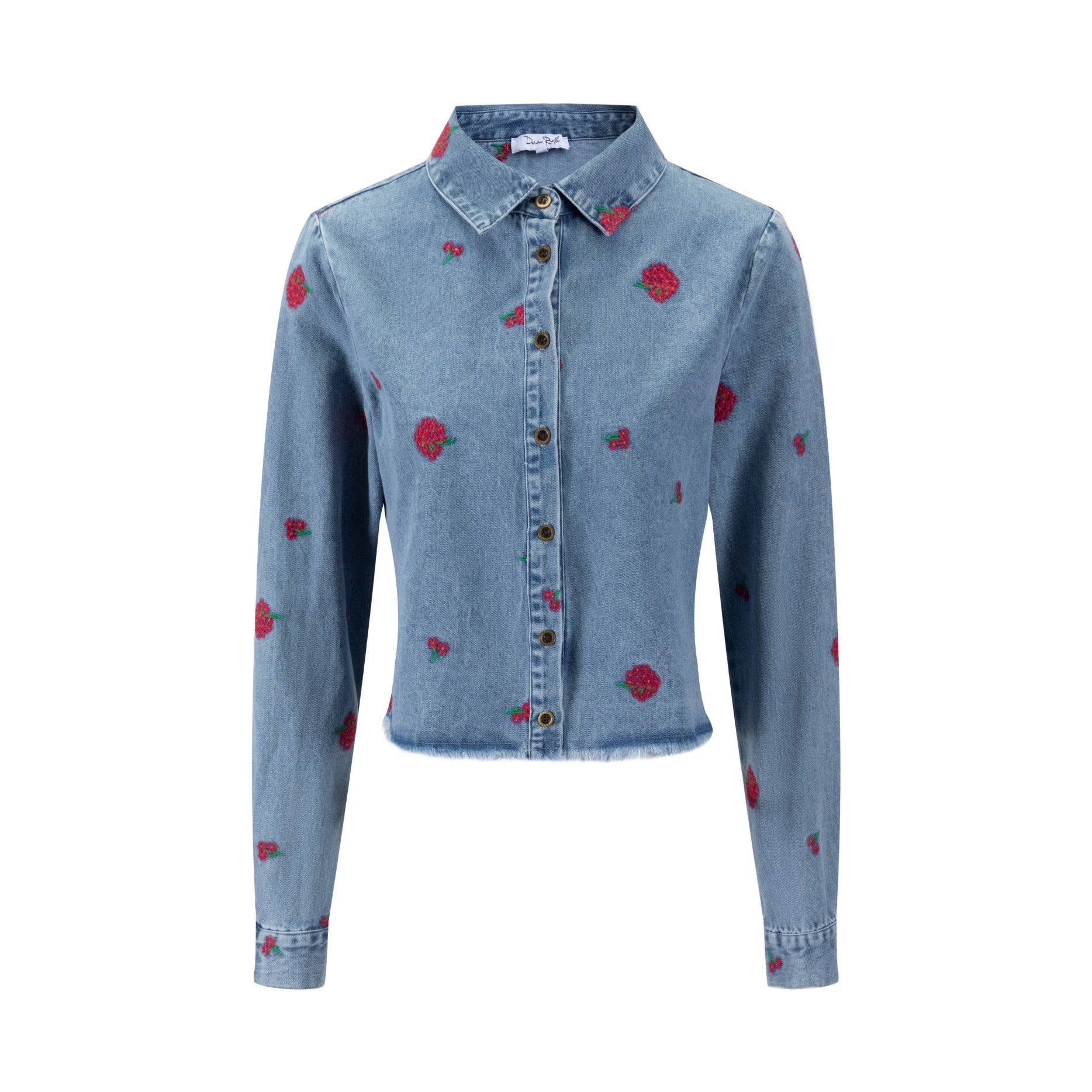 Red Flowers Embroidered Denim Top - Light Blue - Image 2