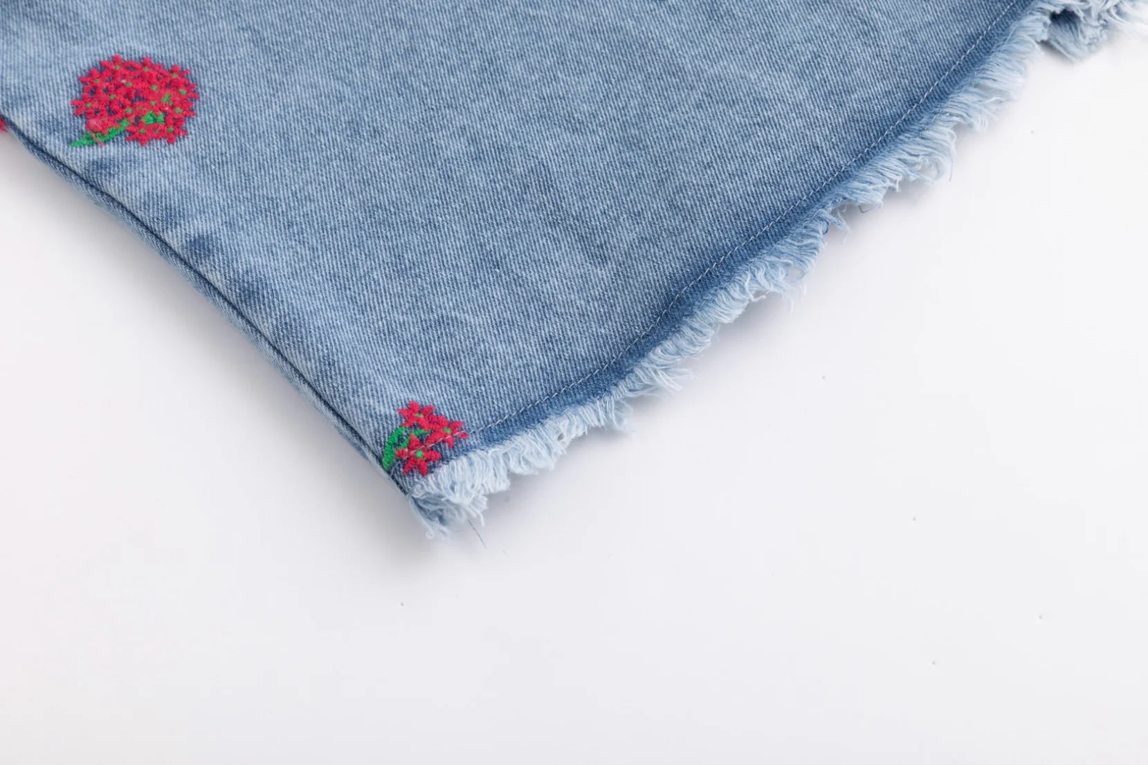 Red Flowers Embroidered Denim Top - Light Blue - Image 4