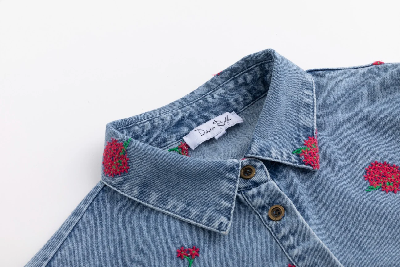 Red Flowers Embroidered Denim Top - Light Blue - Image 5