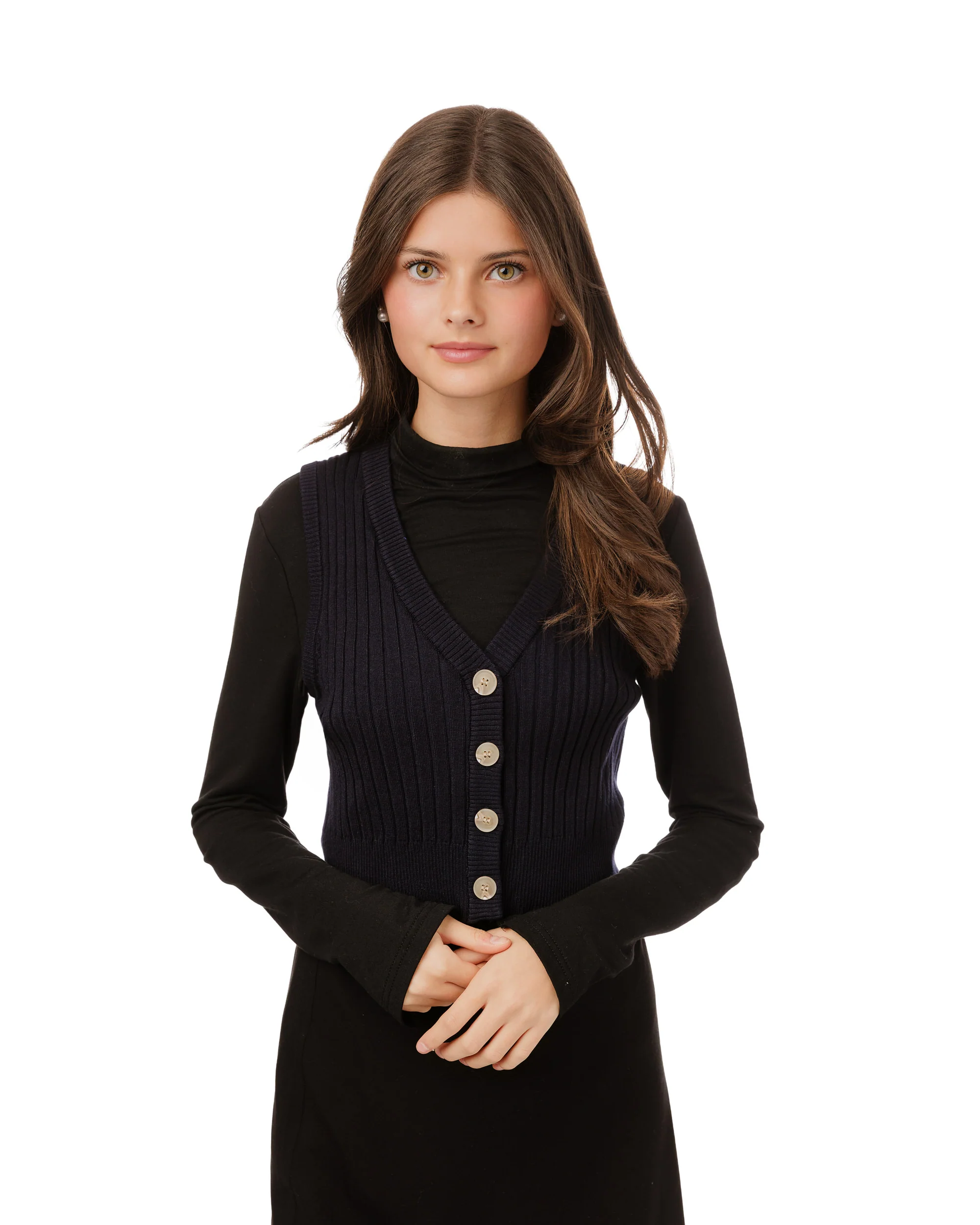 Ribbed Vest Wooden Buttons - Navy - Image 3