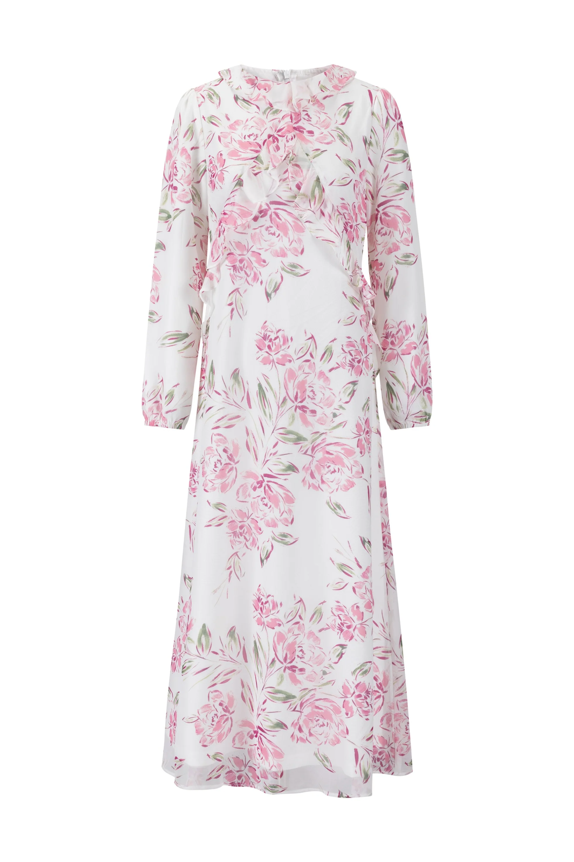 Ruffle Detail Pink Flower Print White Dress - Image 4