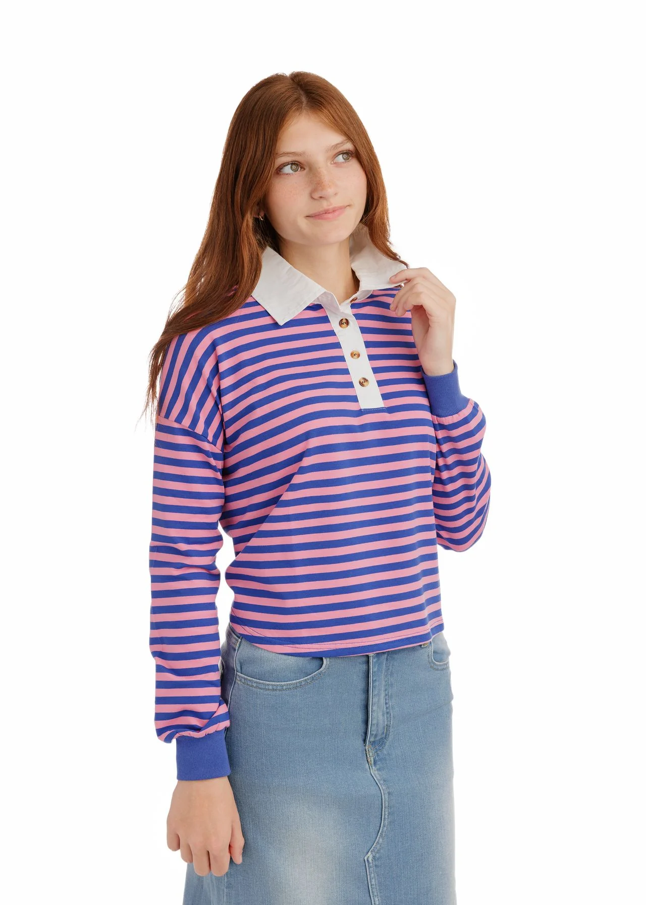 Striped Boxy Polo T-Shirt - Blue/Pink - Image 3