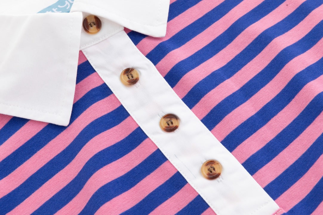 Striped Boxy Polo T-Shirt - Blue/Pink - Image 7