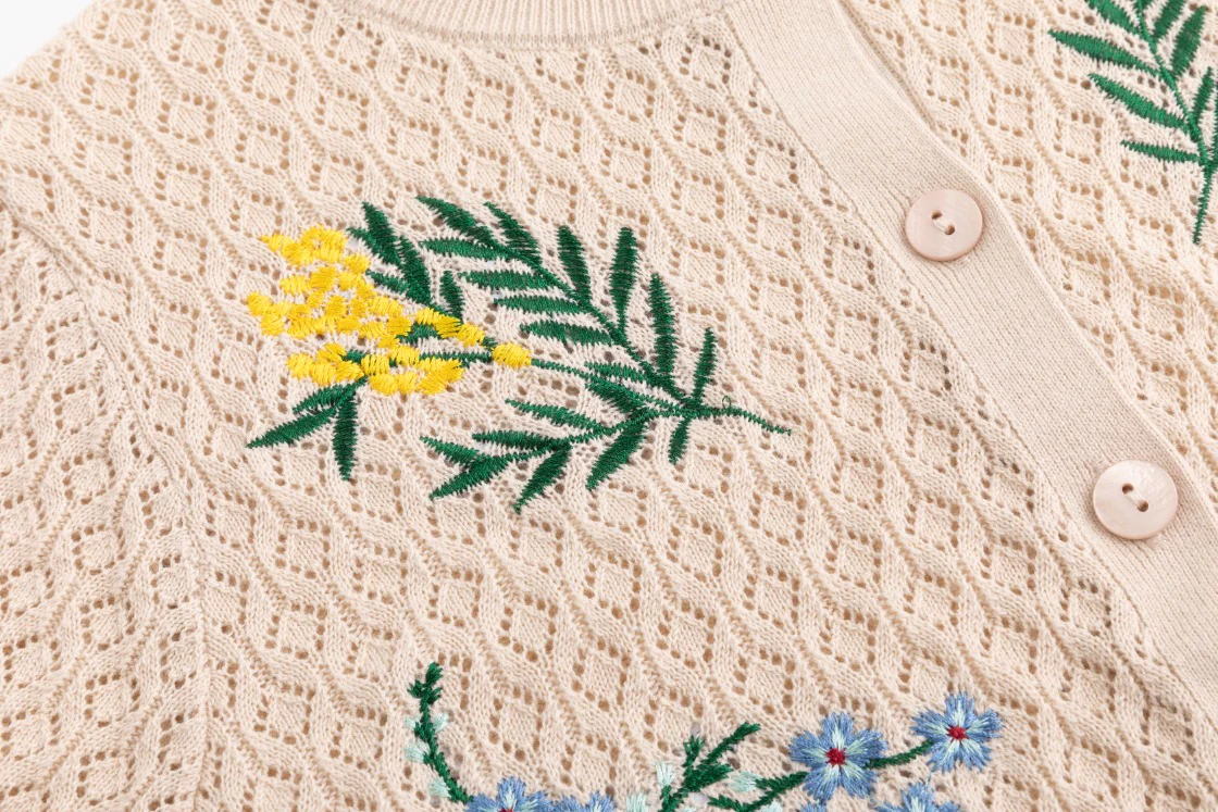 Tan Knit Textured Cardigan With Embroidered Flowers - Image 7