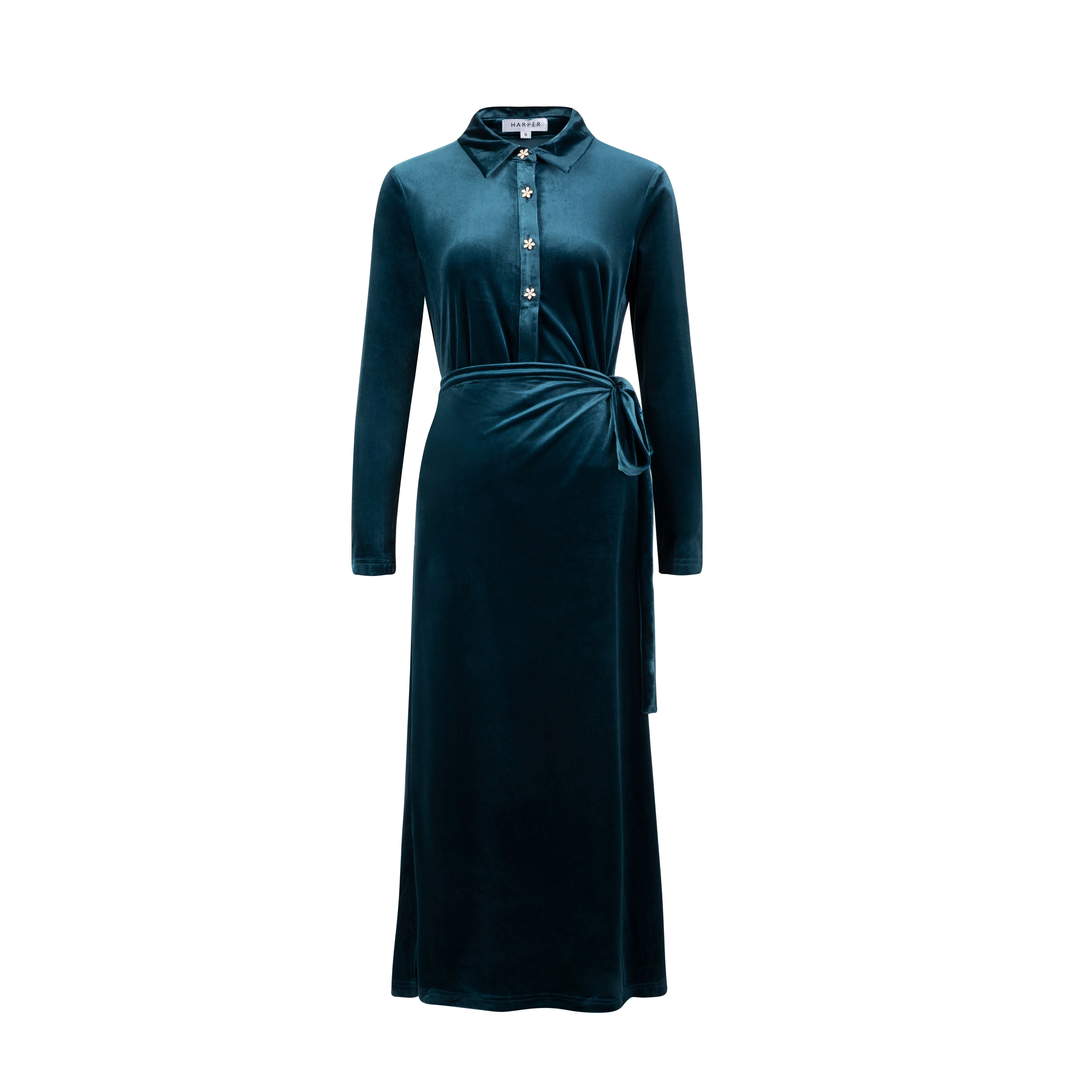 Teal Velvet Dress With Floral Button Detail - Image 2