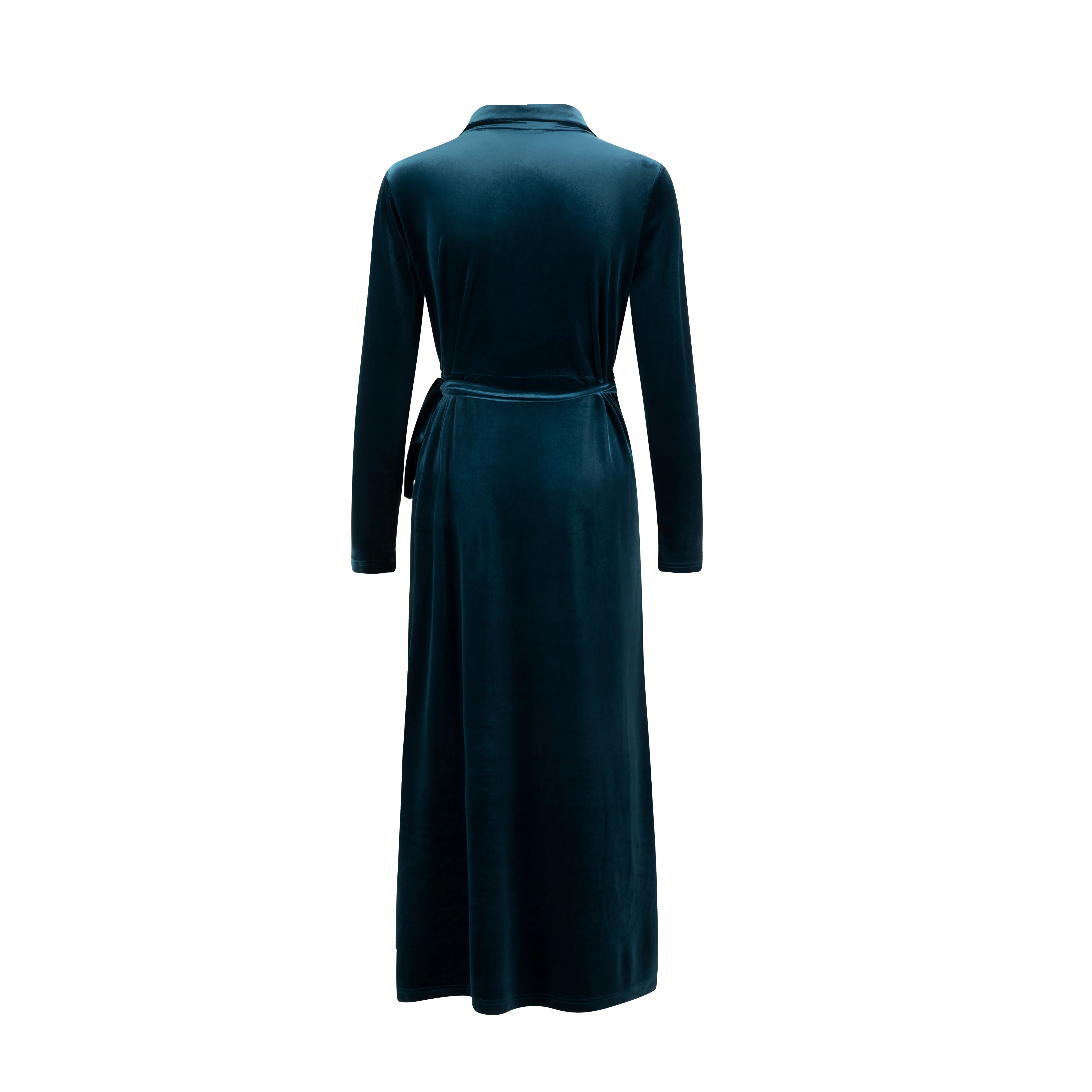 Teal Velvet Dress With Floral Button Detail - Image 3