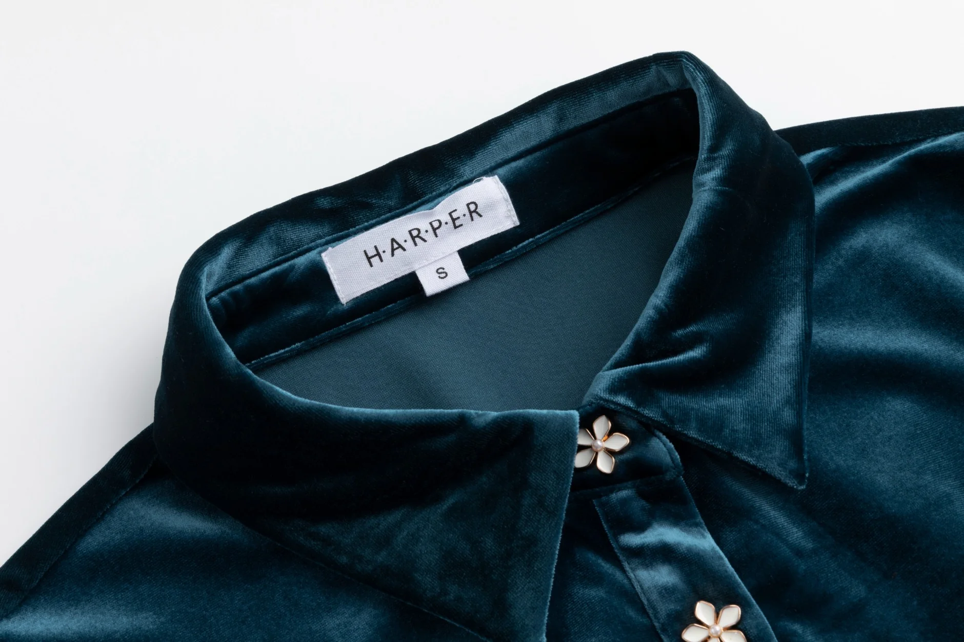 Teal Velvet Dress With Floral Button Detail - Image 4