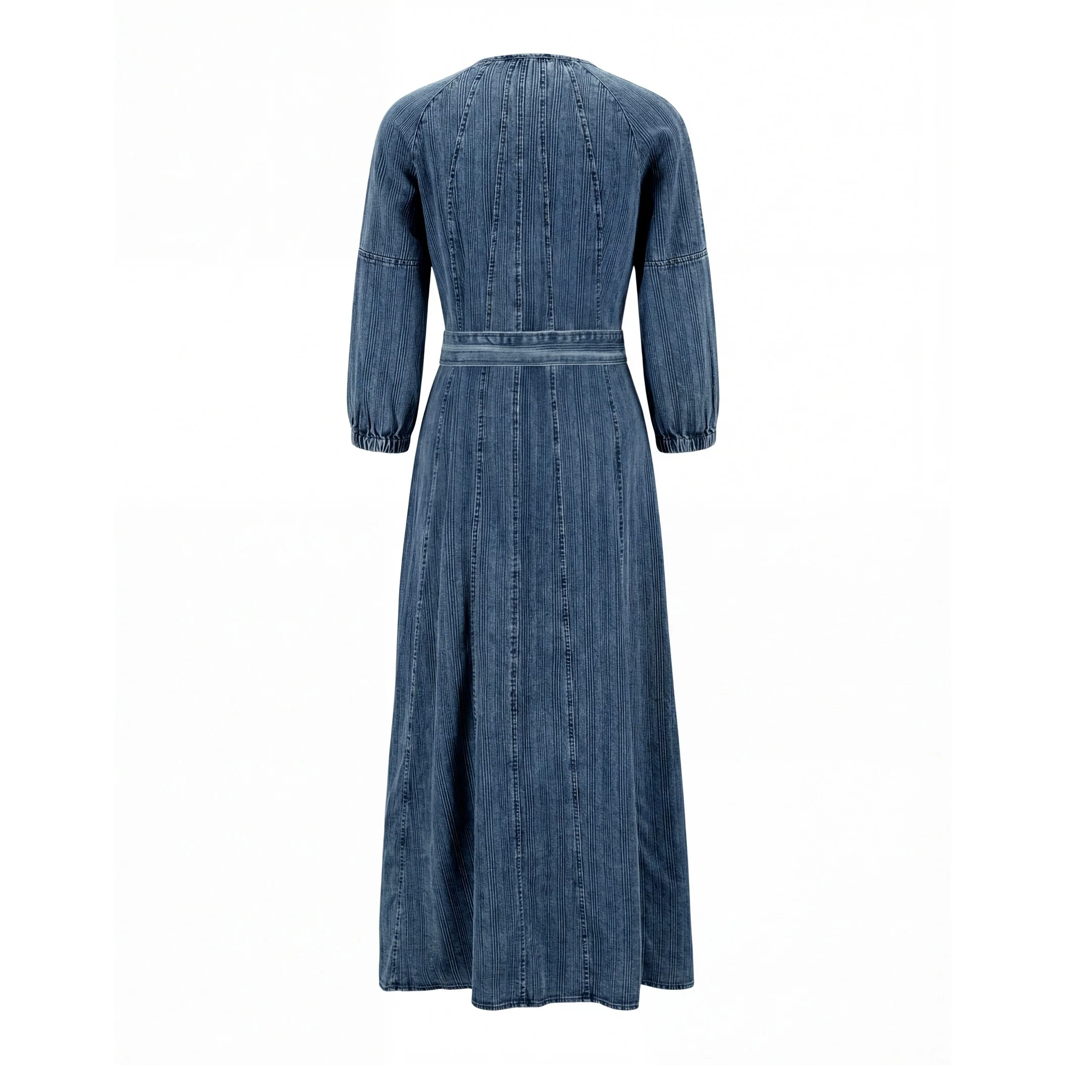 Textured Denim Dress With Belt - Image 3