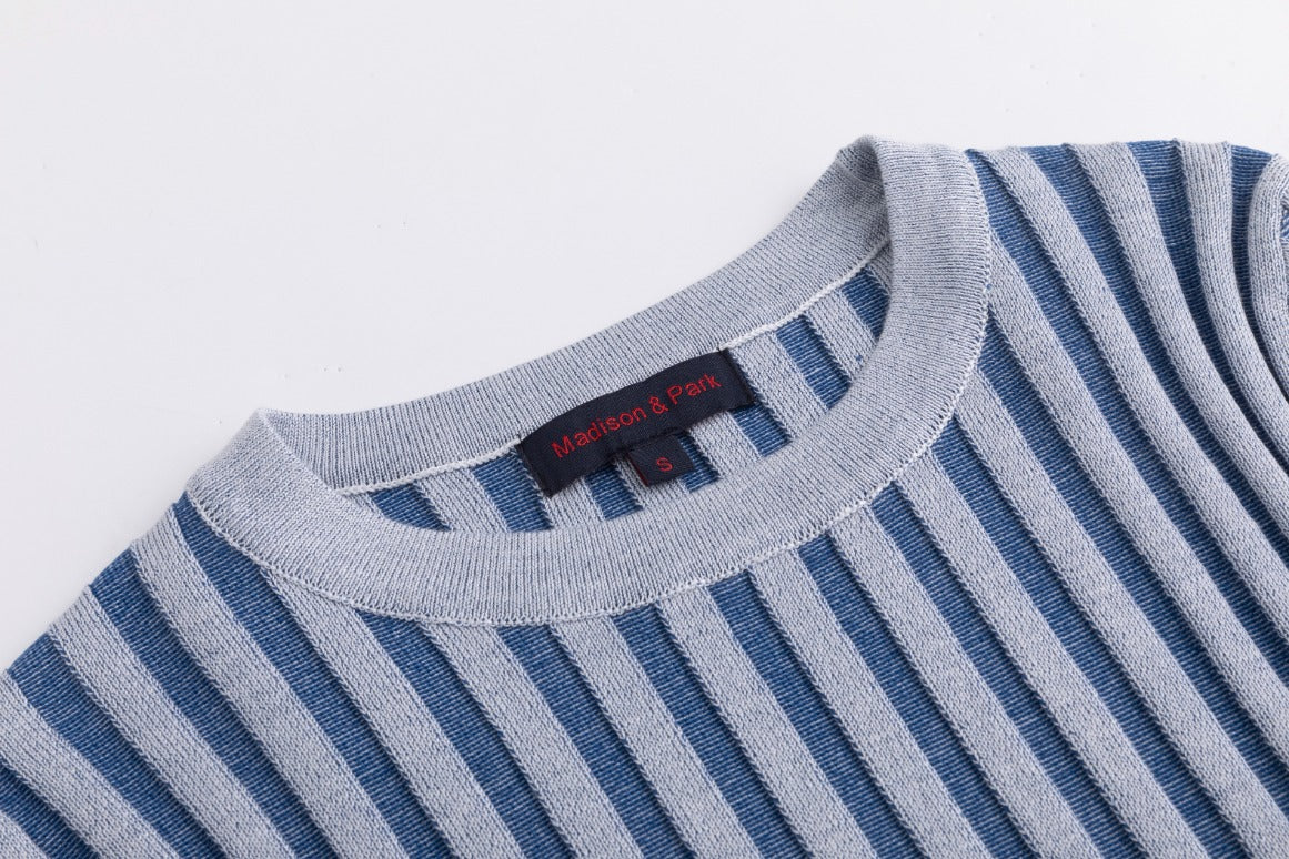 Textured Stripes Knit Top - Blue Denim - Image 3