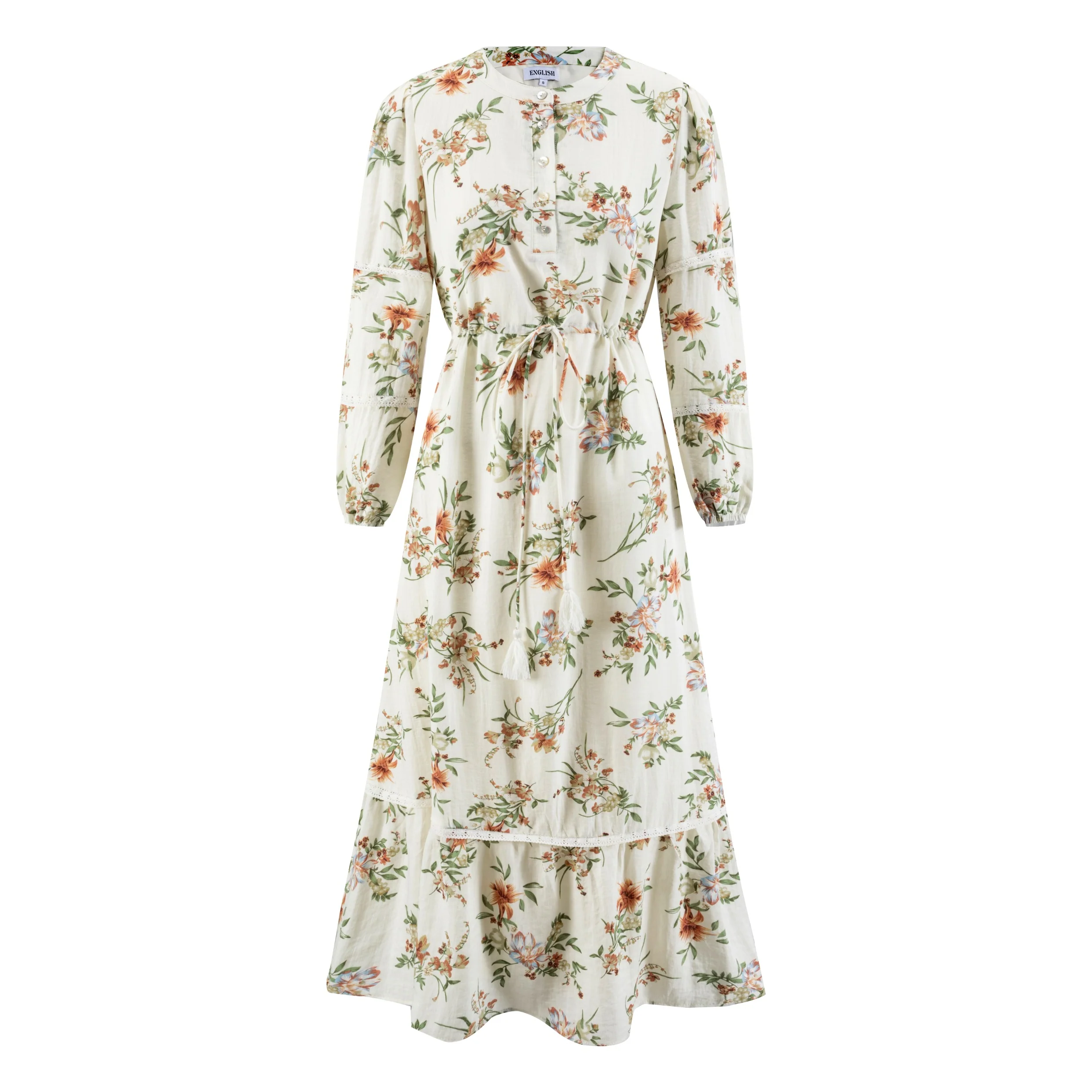 White Printed Dress With Lace Hem - Image 2
