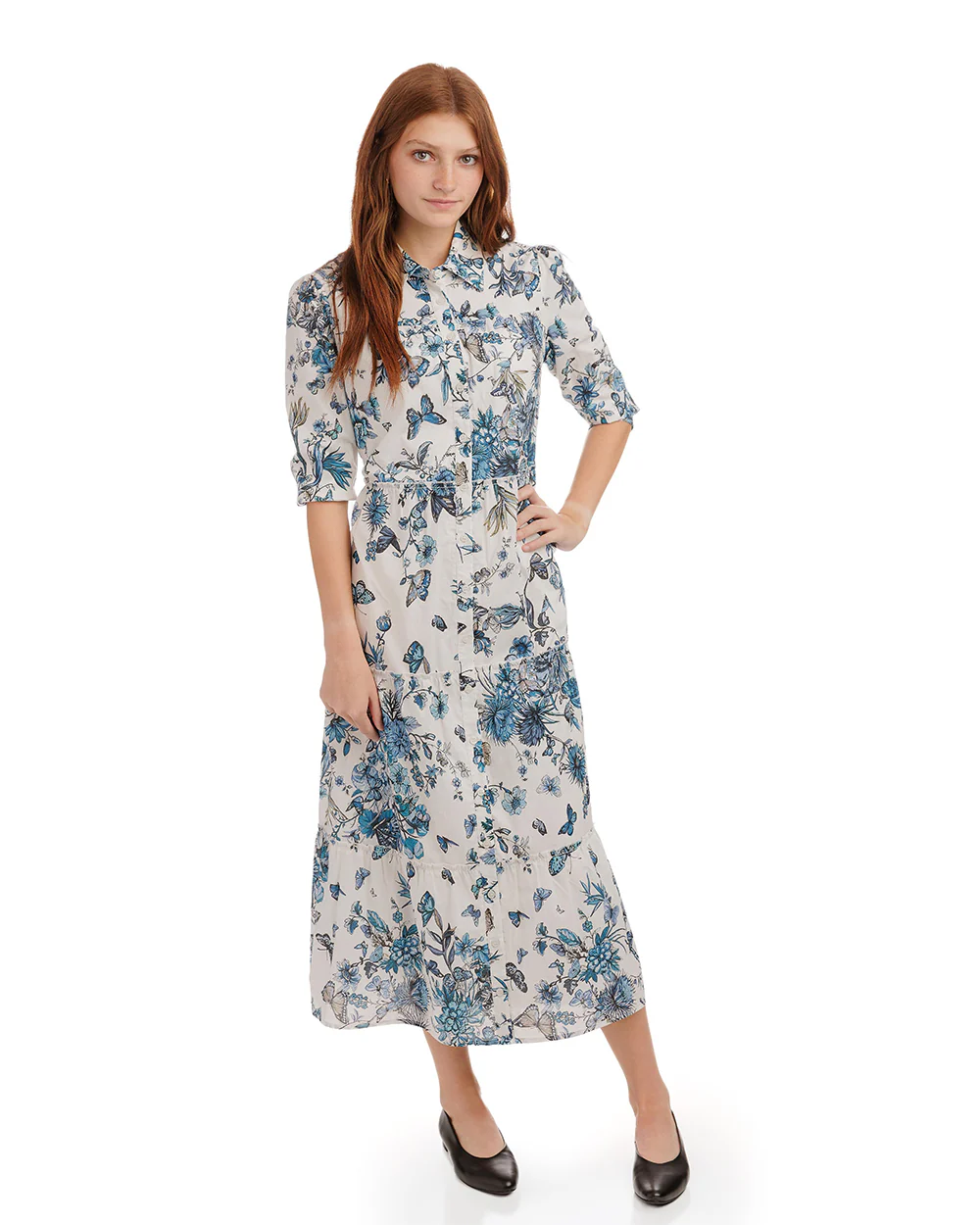 Blue Butterfly Printed Shirt Cotton Layer Dress