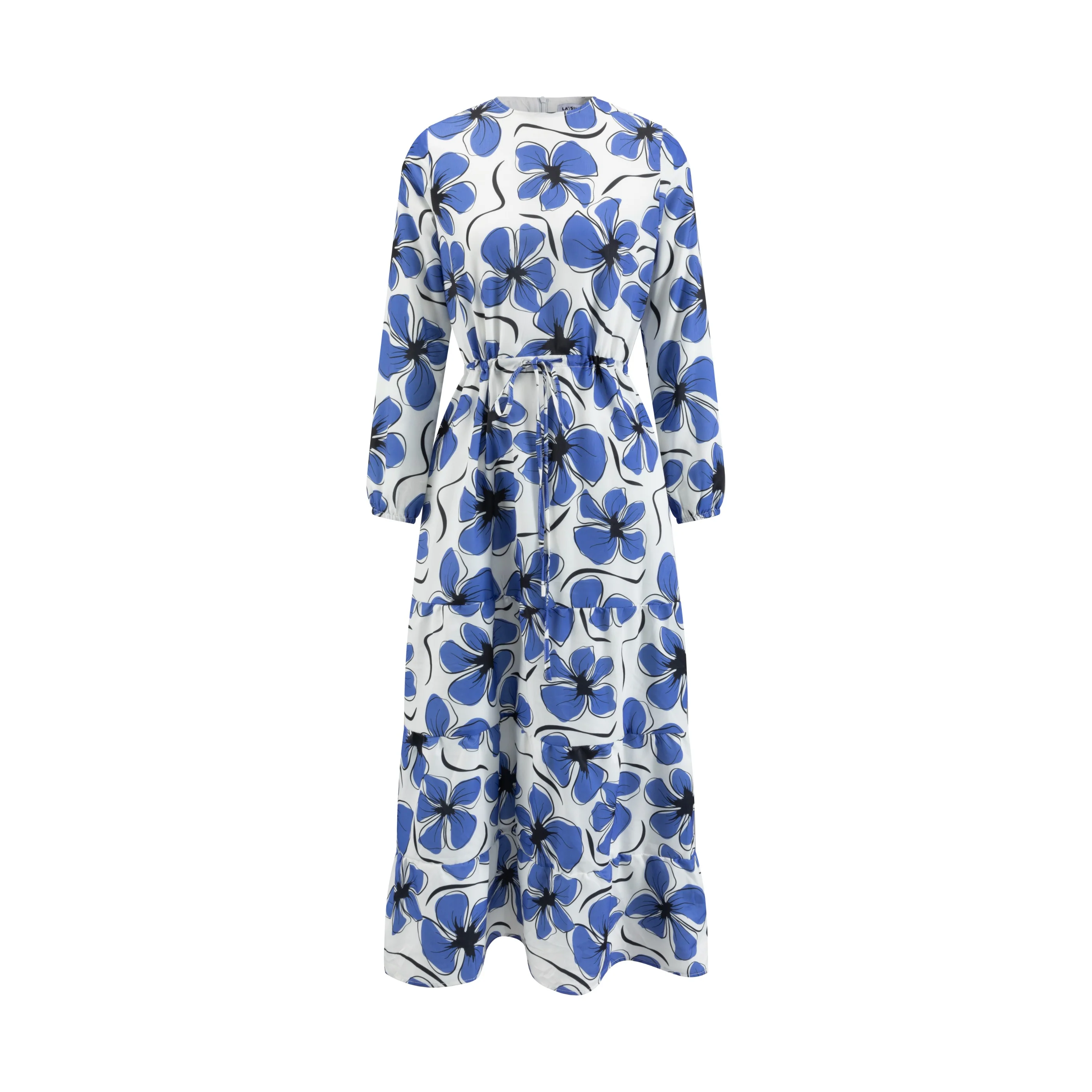 White Base Royal Blue Printed Layer Dress With Drawstring - Image 2