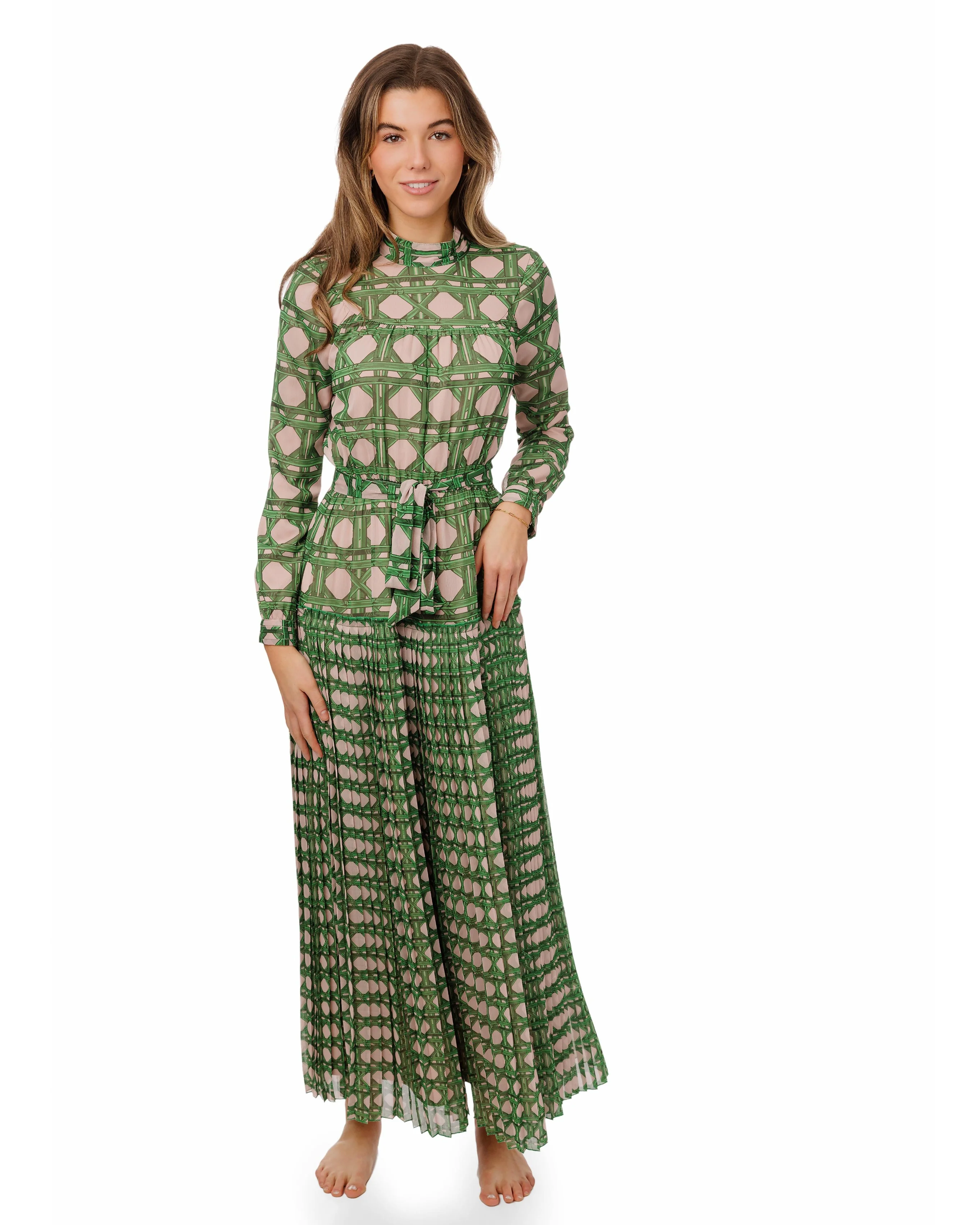 Pink/Green Geometry Printed Pleated Bottom Dress - Image 4