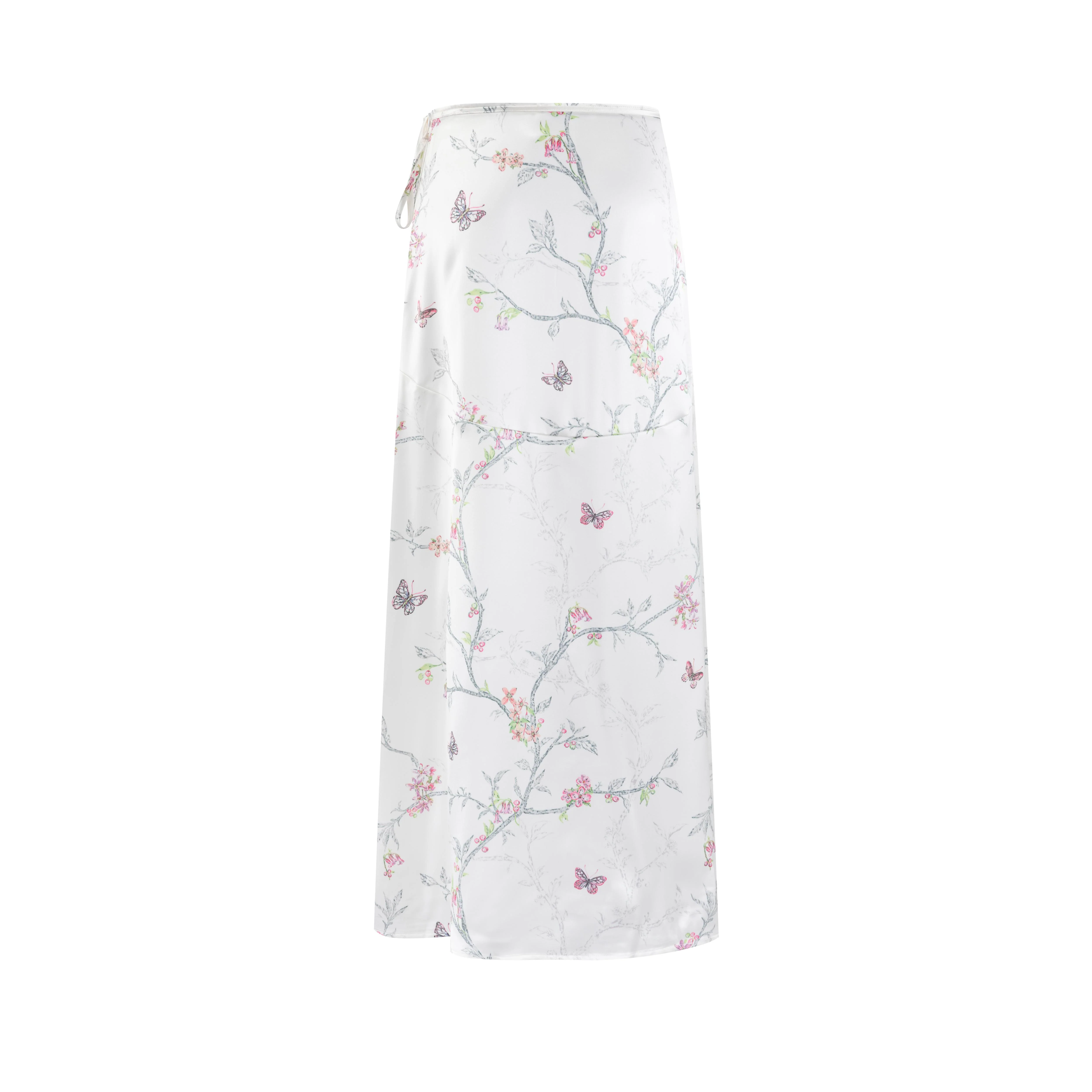 White Base Pink Flower Printed Satin Wrap Skirt - Image 3