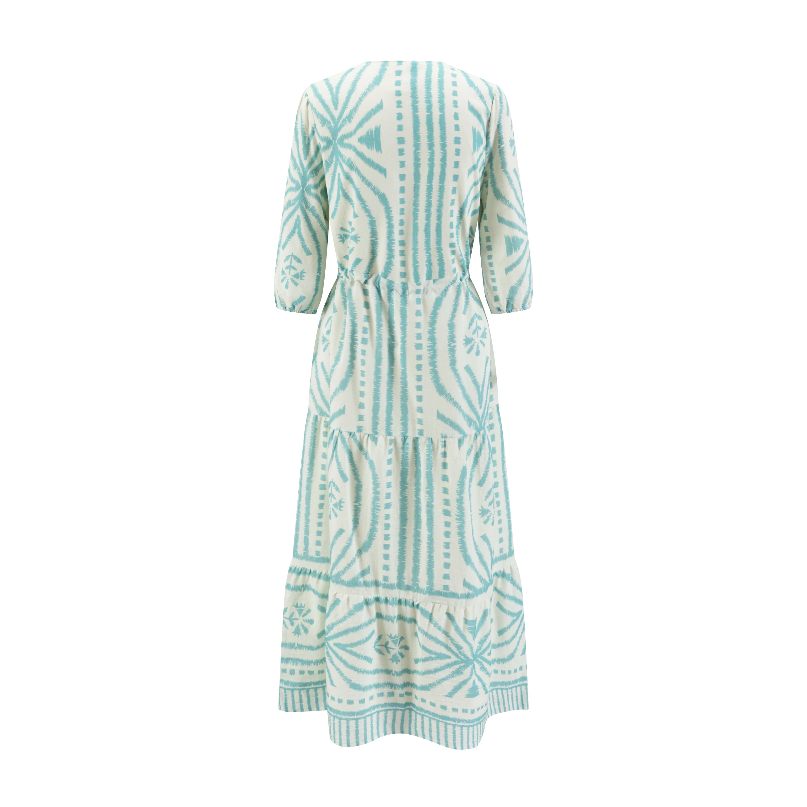 White Base Light Blue Printed Linen Layer Dress - Image 3
