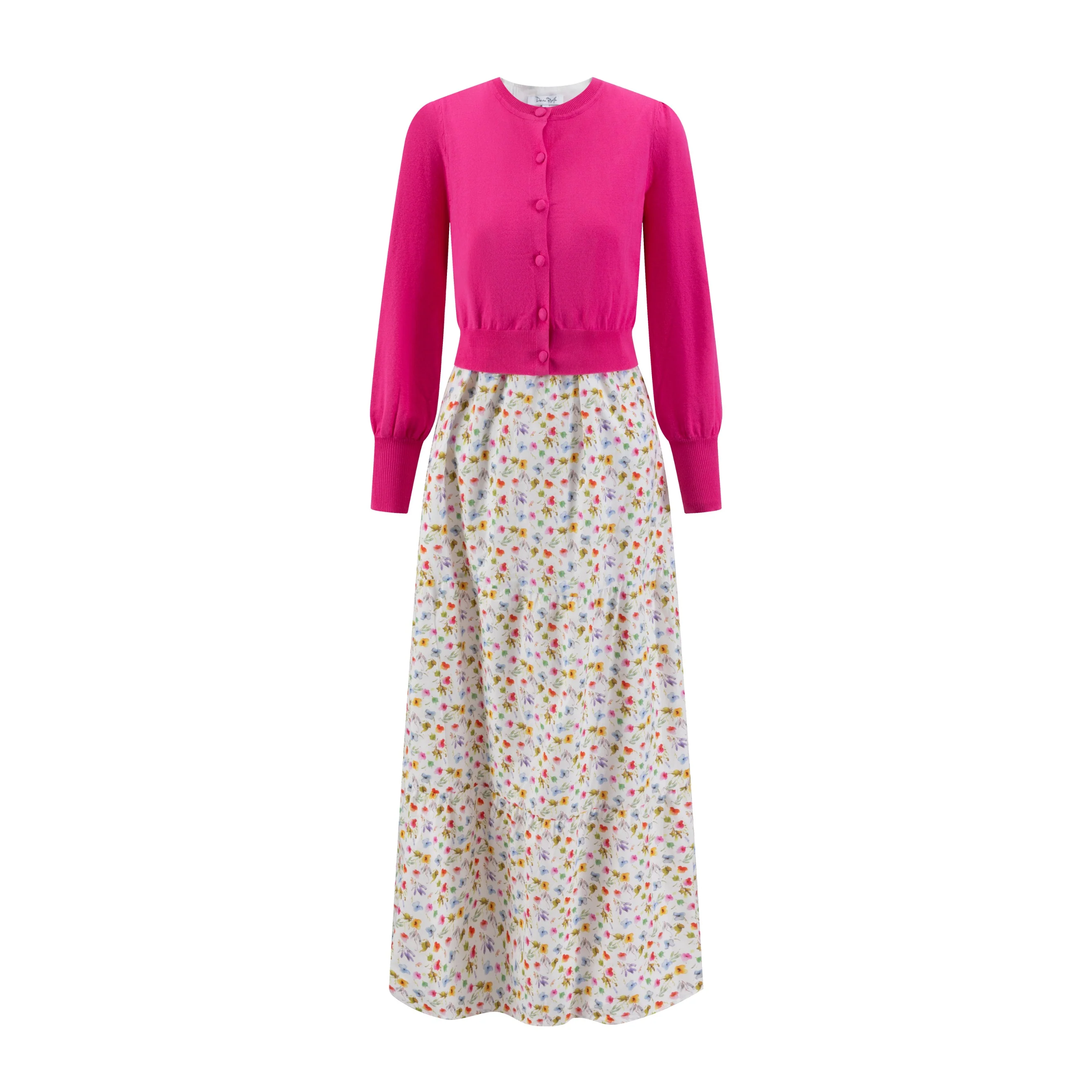 Floral Printed Dress With Pink Cardigan Overlay - Image 2