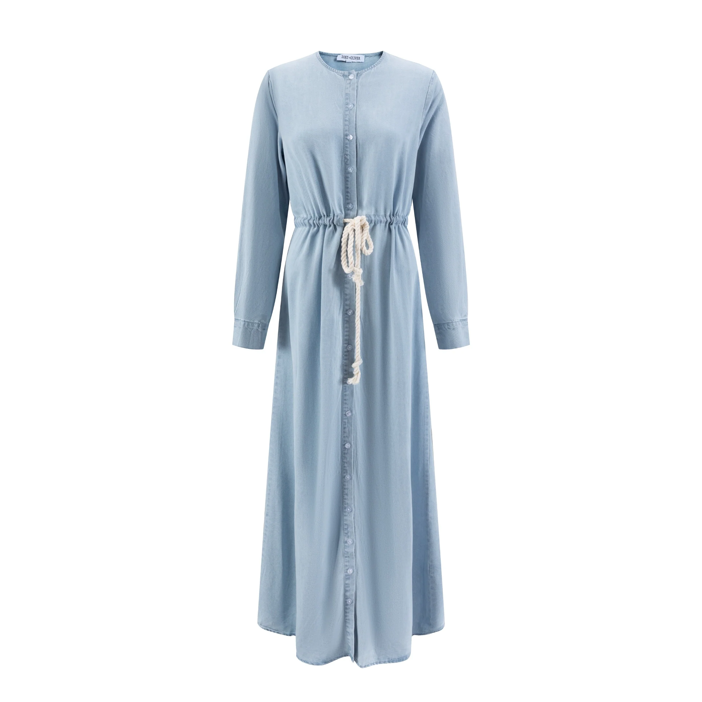 Light Blue Denim Shirt Dress With White Drawstring - Image 2