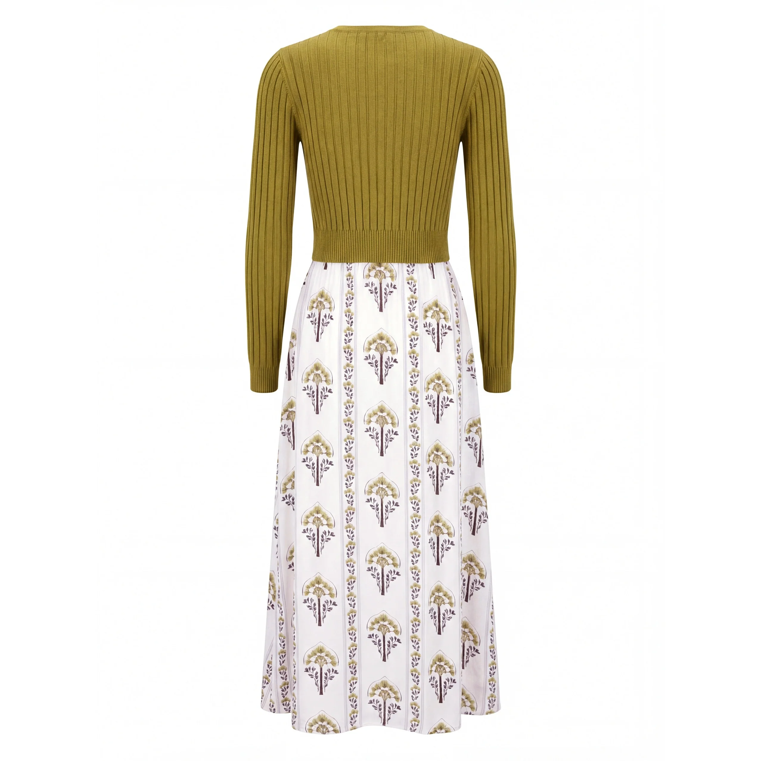 White And Olive Blossom Dress With Olive Cardigan - Image 3