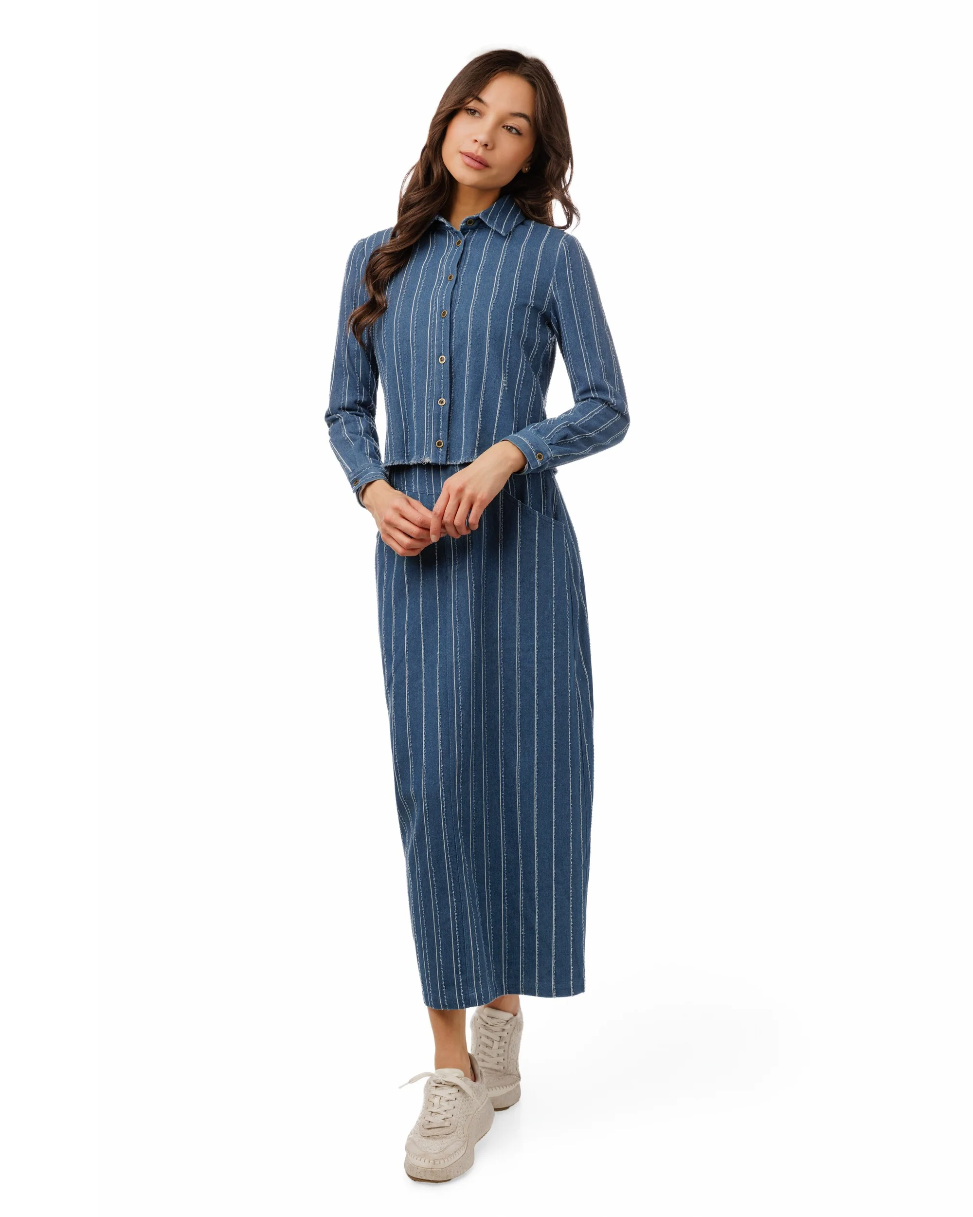 White And Ragged Stripes Denim Shirt - Image 2