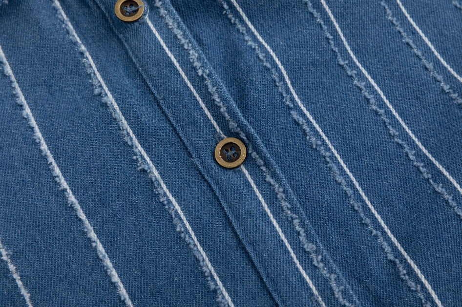 White And Ragged Stripes Denim Shirt - Image 7