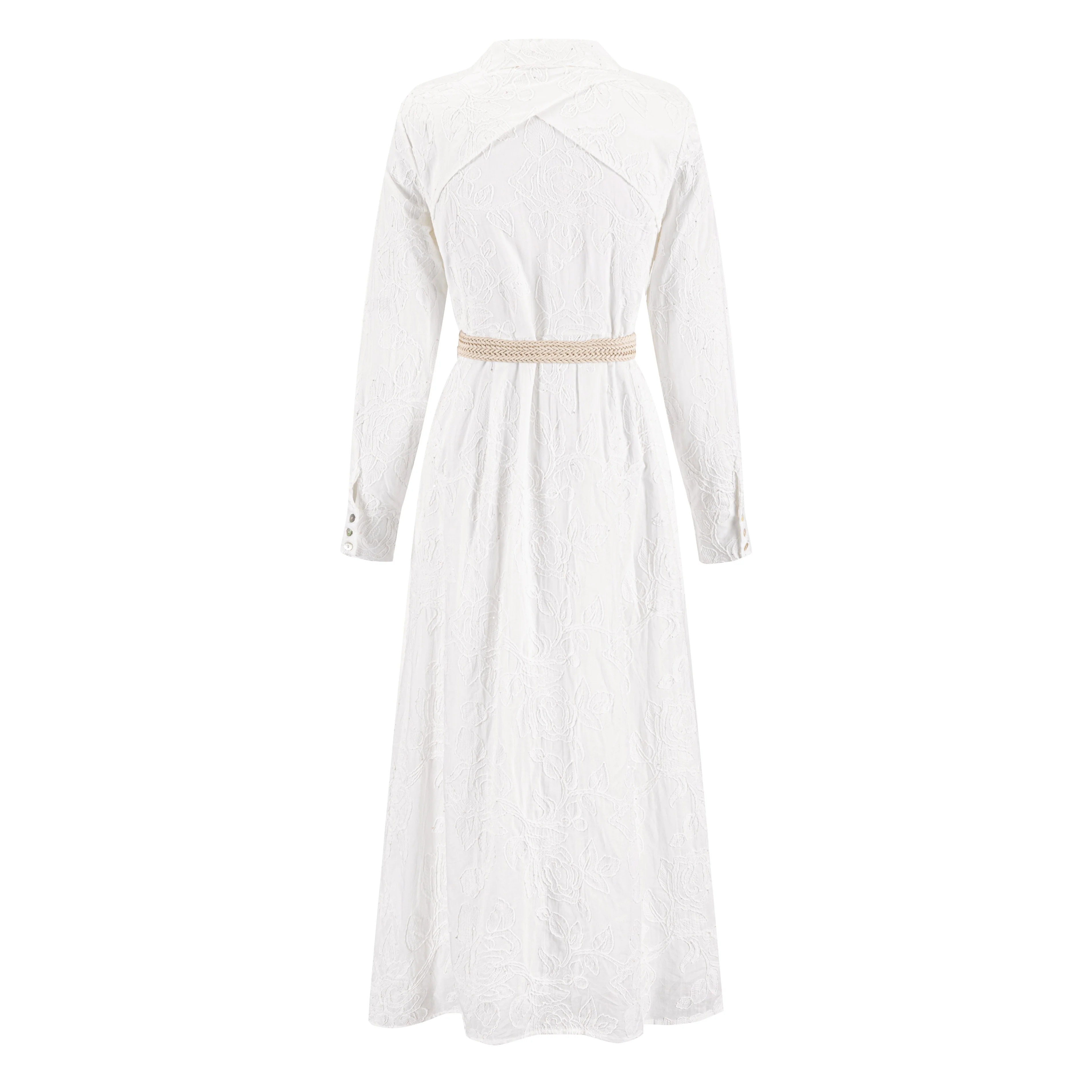 White Beaded Embroidered Dress W/ Braided Belt - Image 3