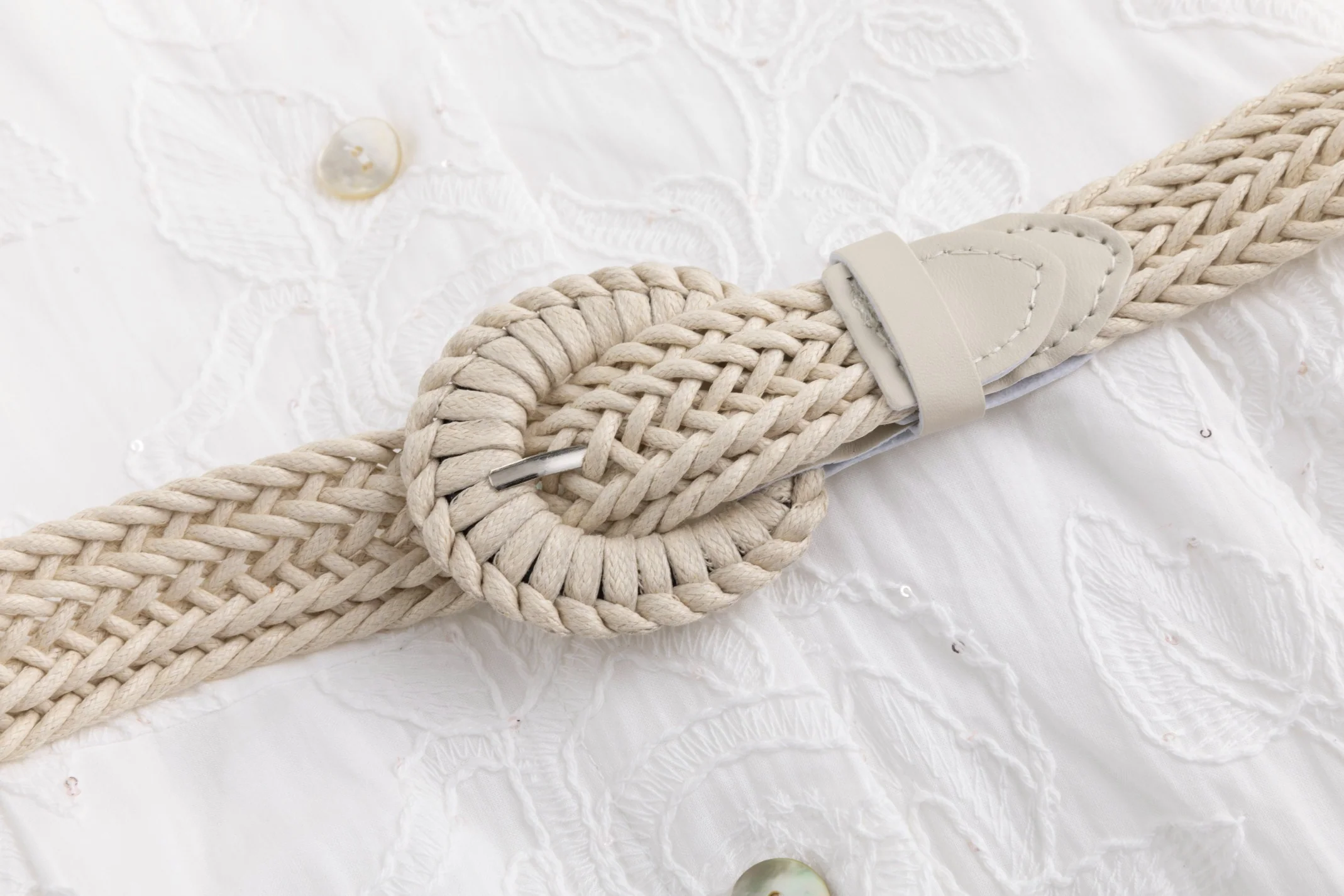 White Beaded Embroidered Dress W/ Braided Belt - Image 5