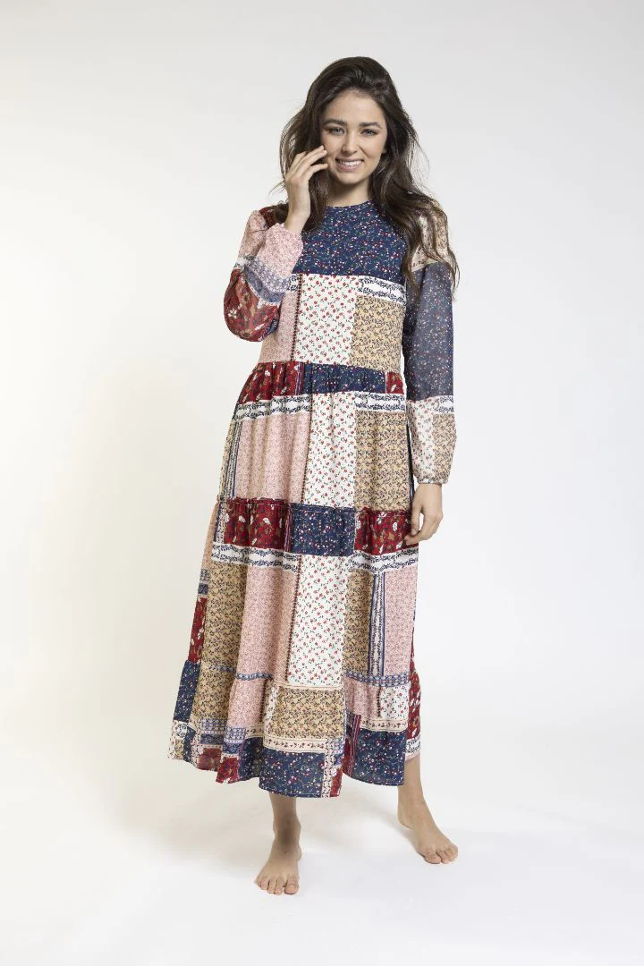 Print Color Block Dress With Elastic Cuff - Image 2