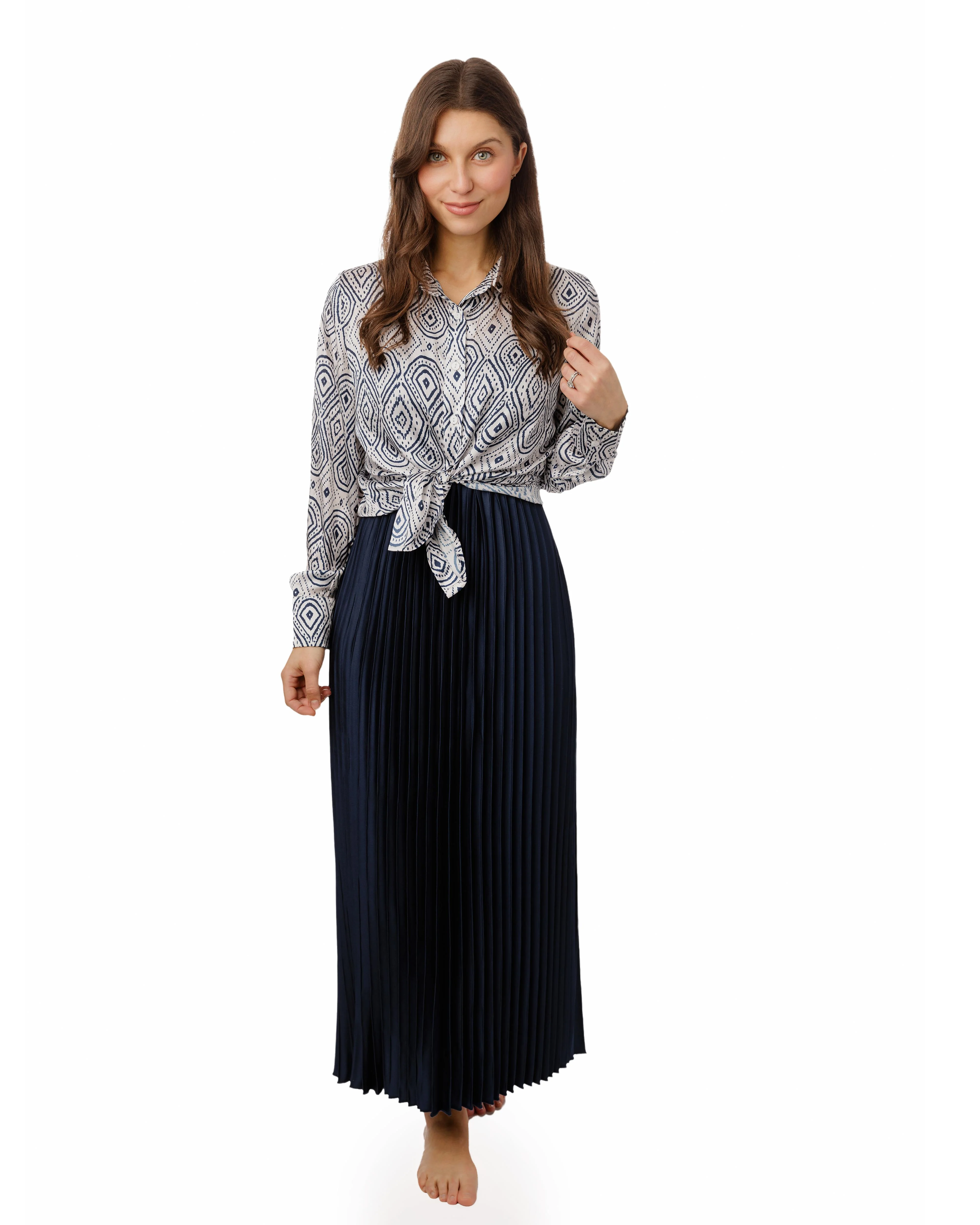 Navy Pleated Jumper With Printed Blouse Overlay
