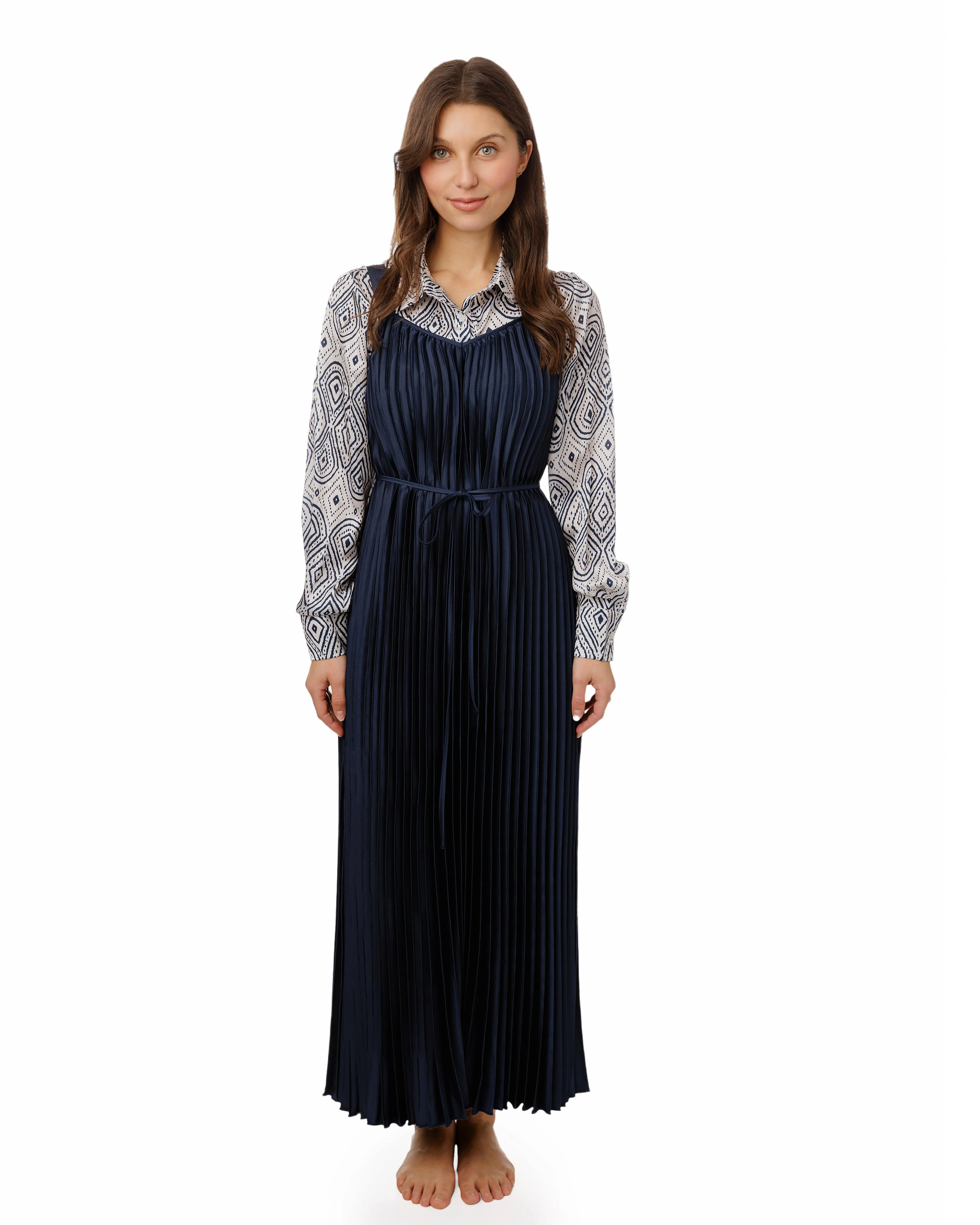 Navy Pleated Jumper With Printed Blouse Overlay - Image 2