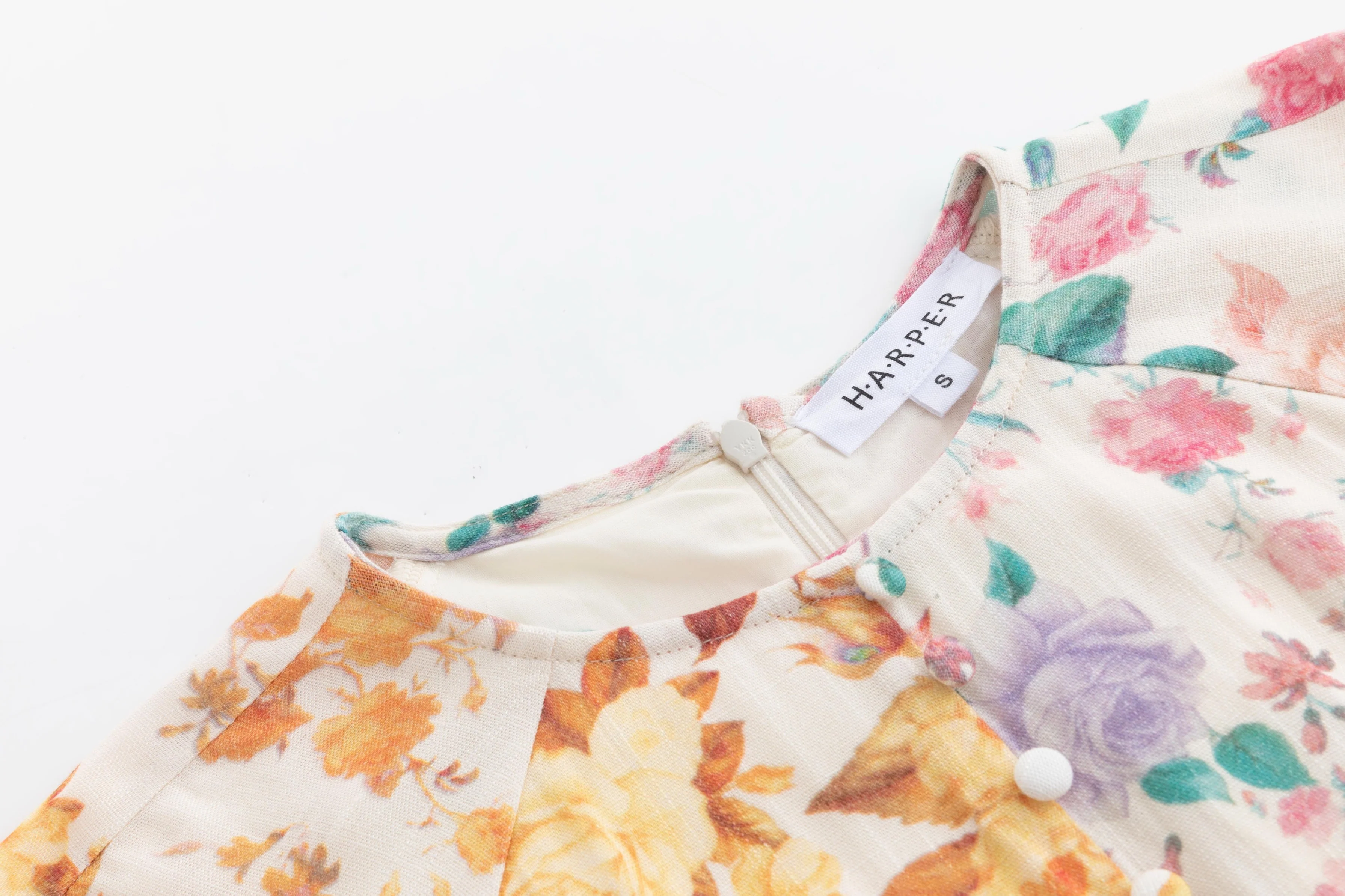 Beige Linen Dress With Mutli Colored Floral Print - Image 5