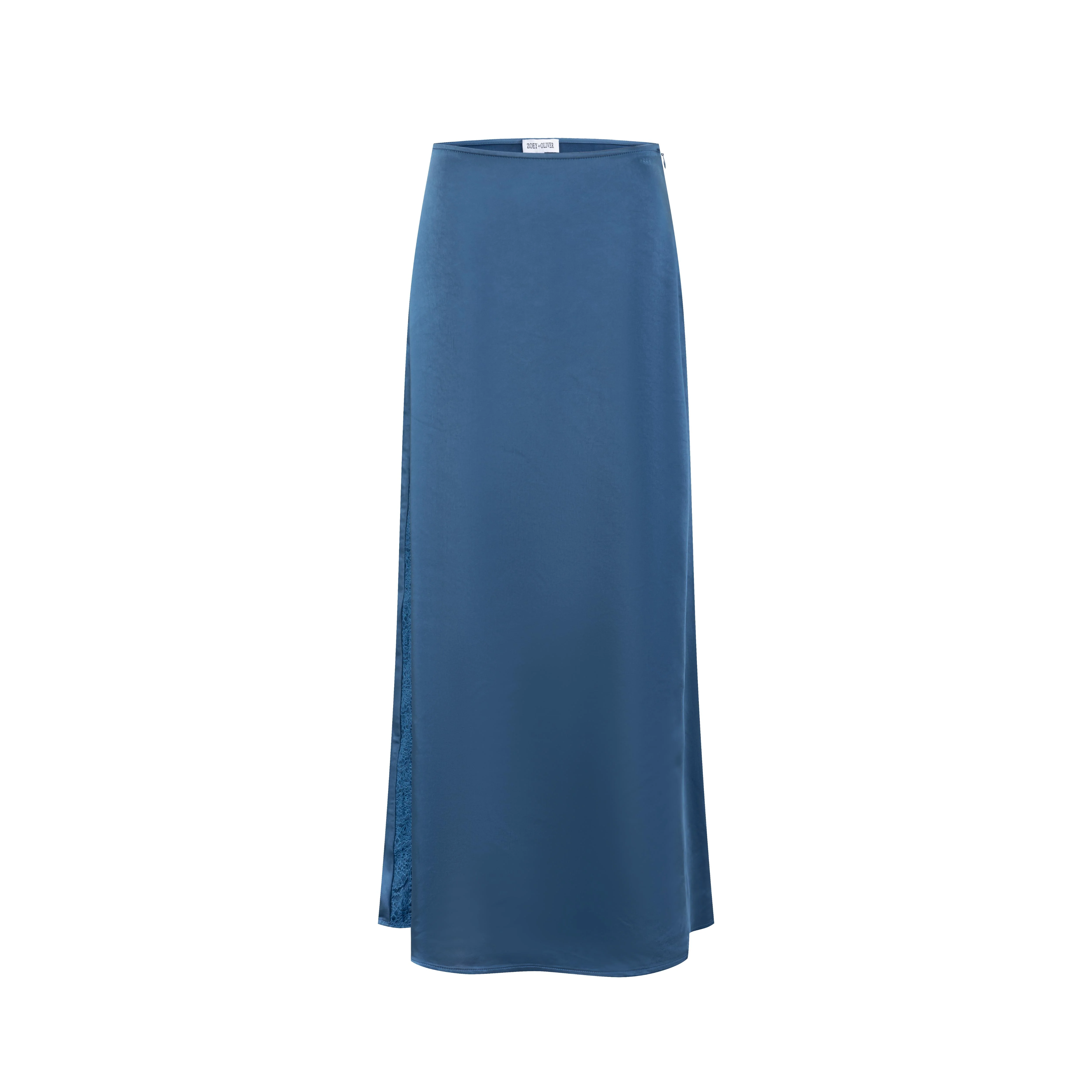 Solid Blue With Vertical Lace Trimming Satin Skirt - Image 2