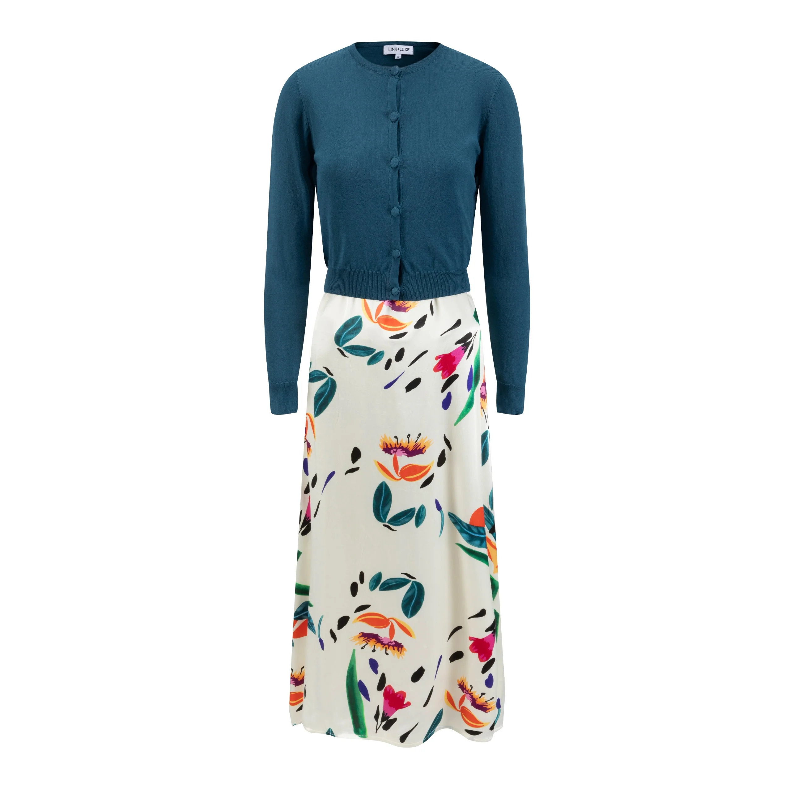 Multicolor Floral Printed Slip Jumper With Turquoise Knit Overlay Cardigan - Image 2