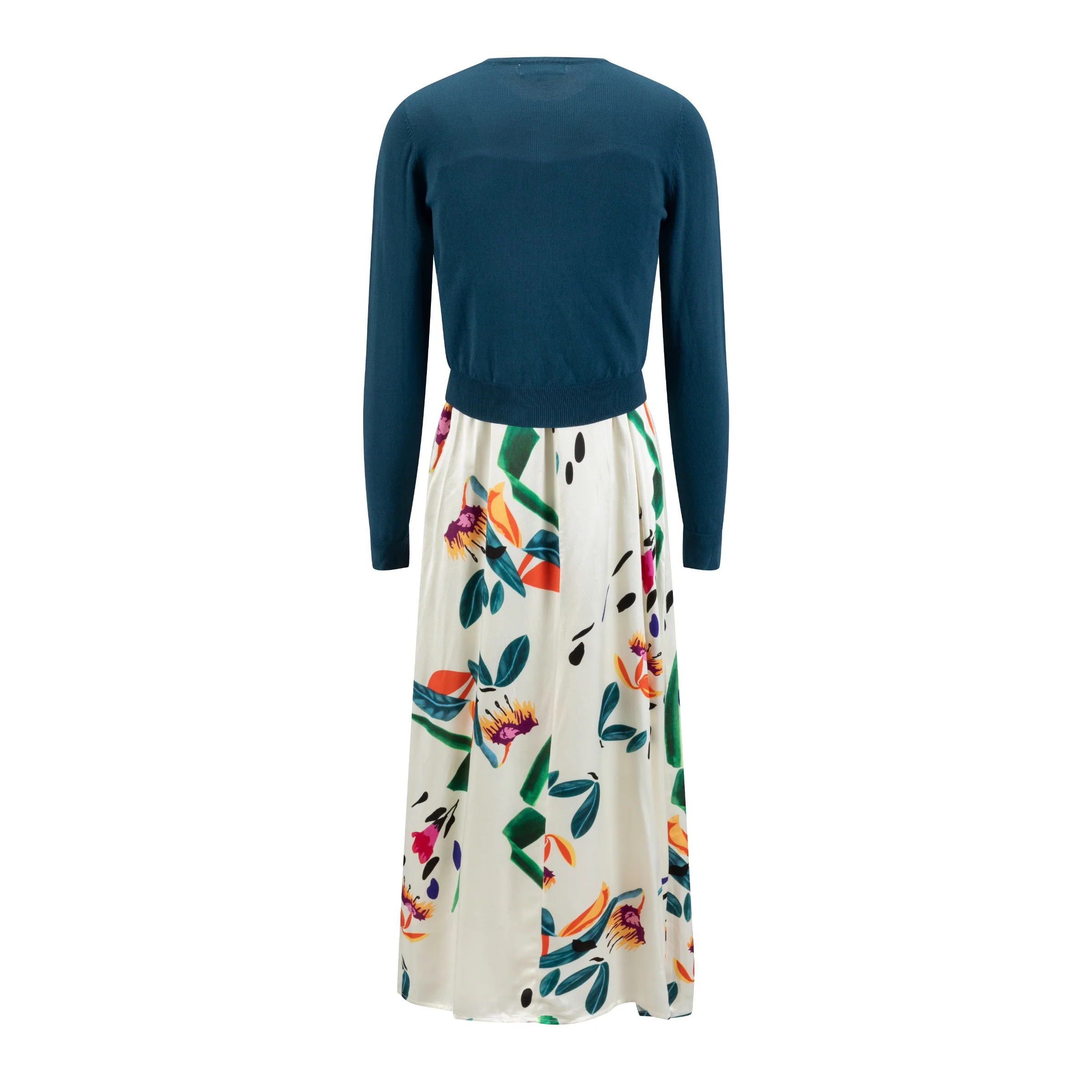 Multicolor Floral Printed Slip Jumper With Turquoise Knit Overlay Cardigan - Image 3