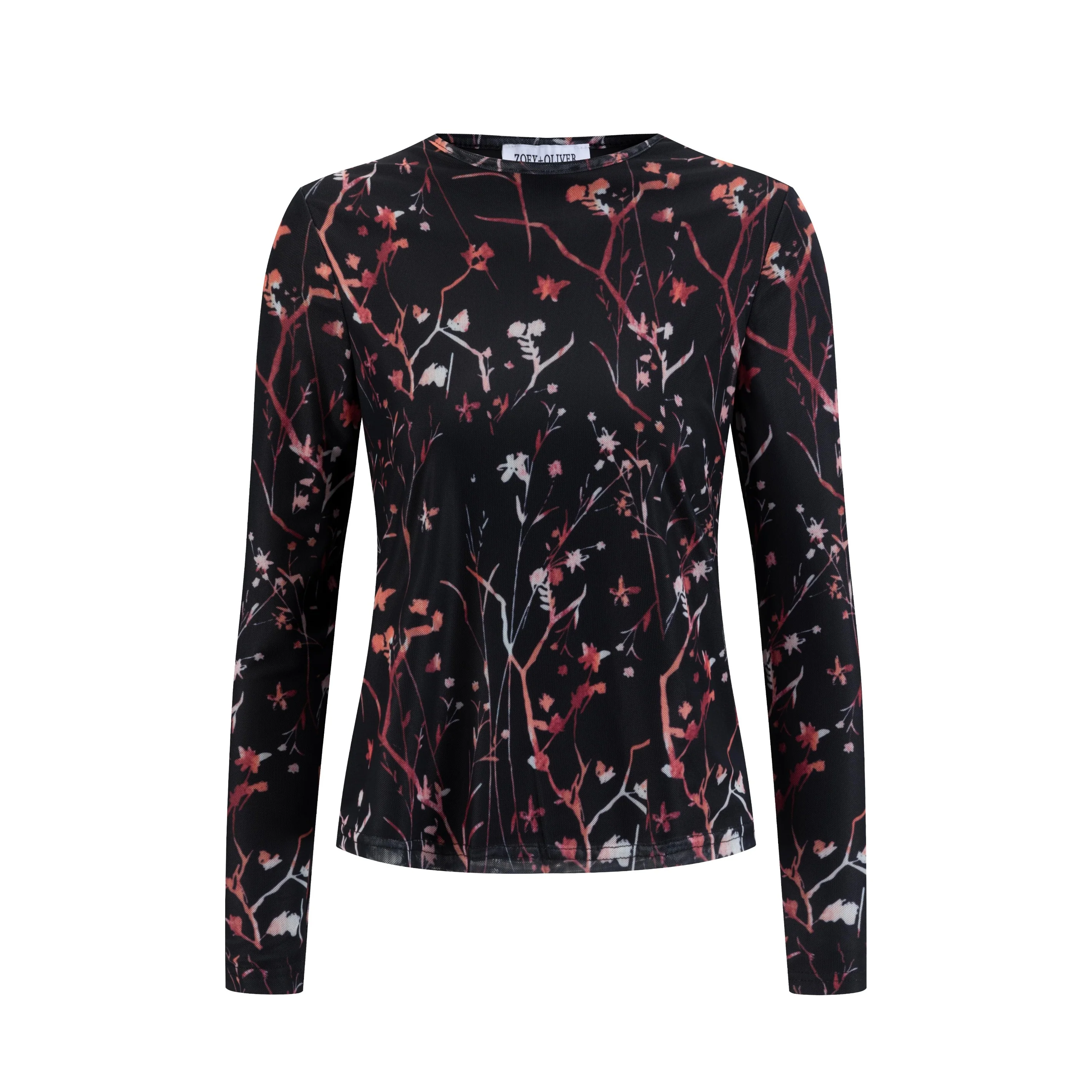 Black Base Pink Branch Printed Mesh Top - Image 2