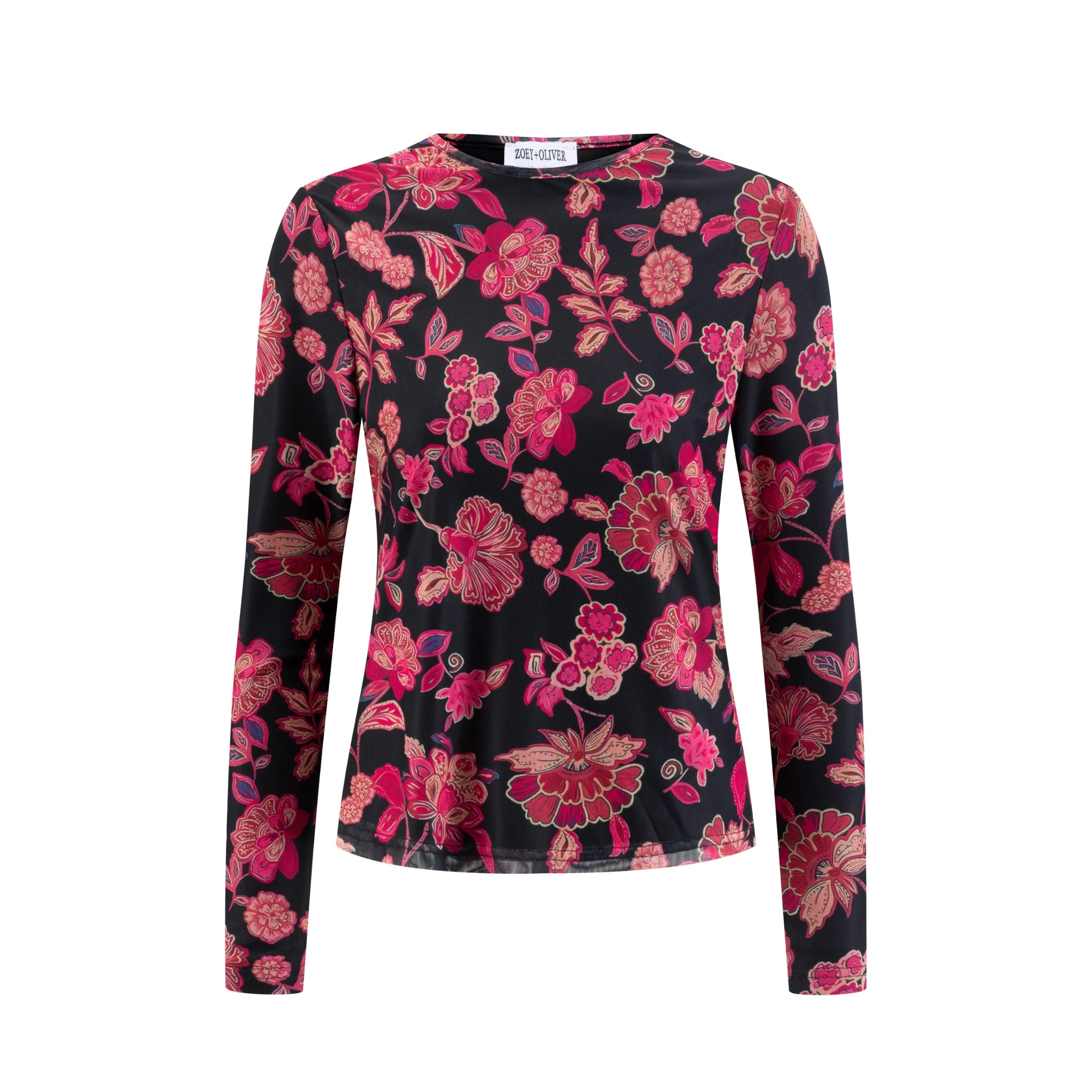 Black Base Pink Flower Printed Mesh Top - Image 2