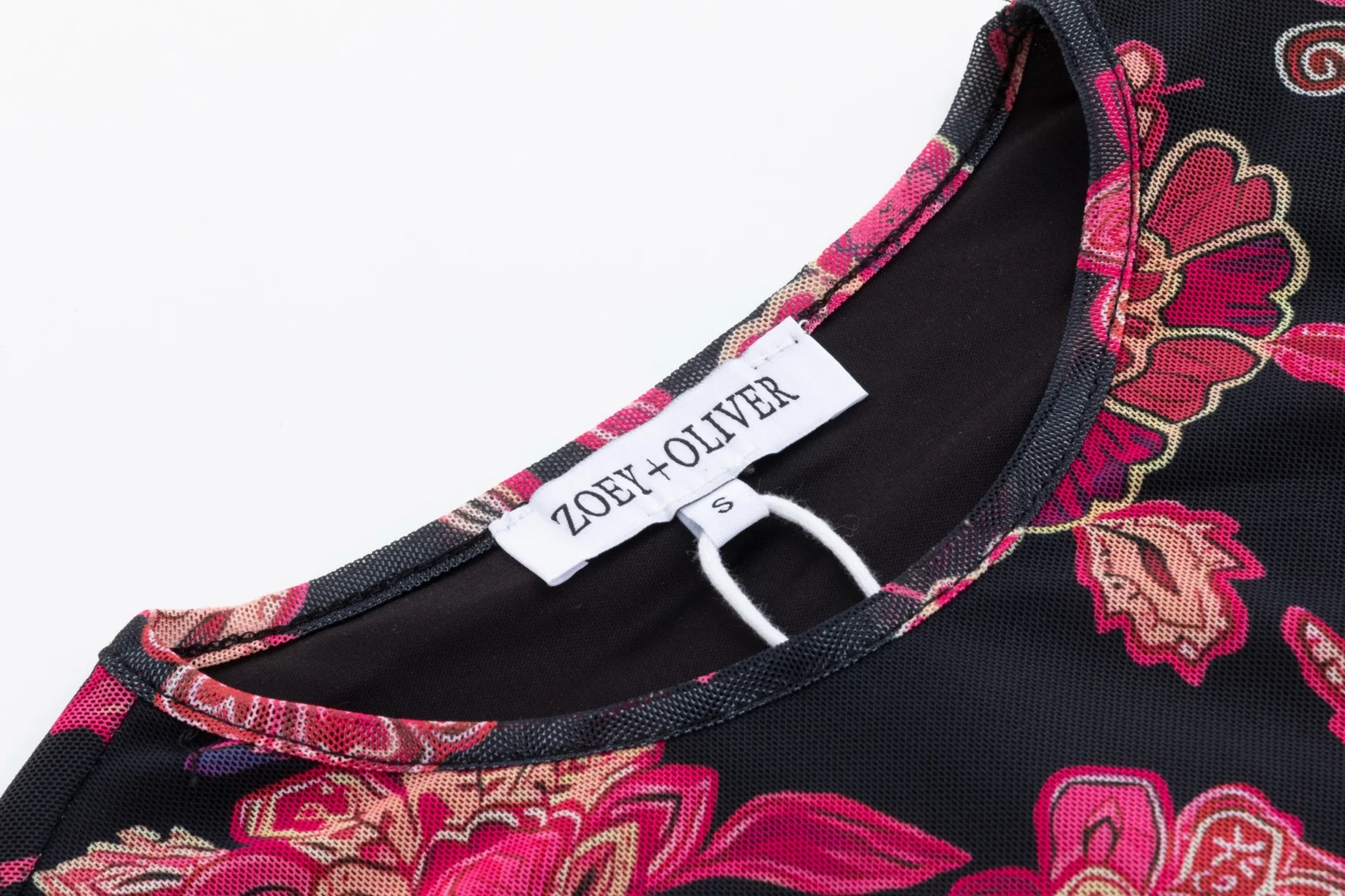 Black Base Pink Flower Printed Mesh Top - Image 4