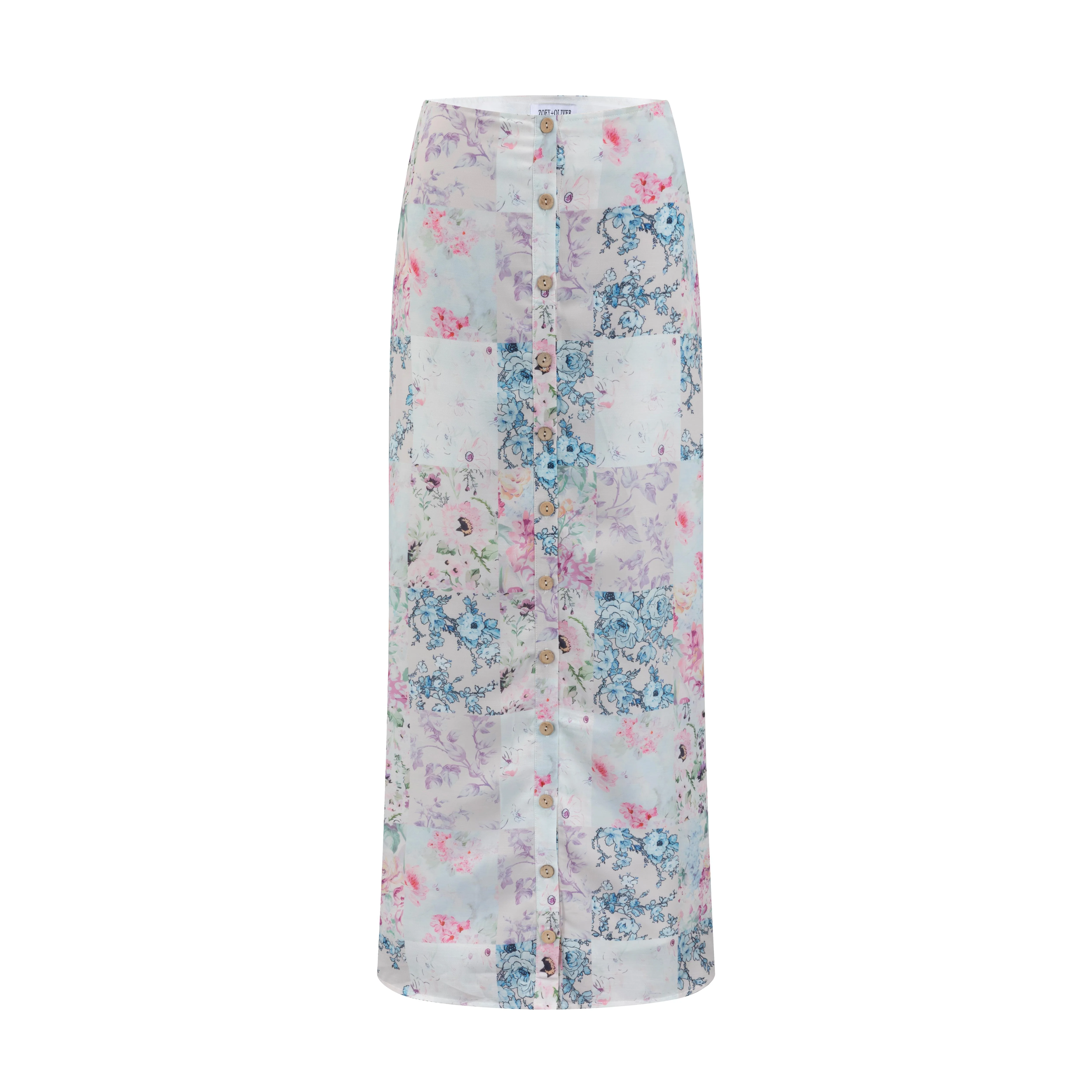 Pink/Blue Patchwork Printed Skirt - Image 3