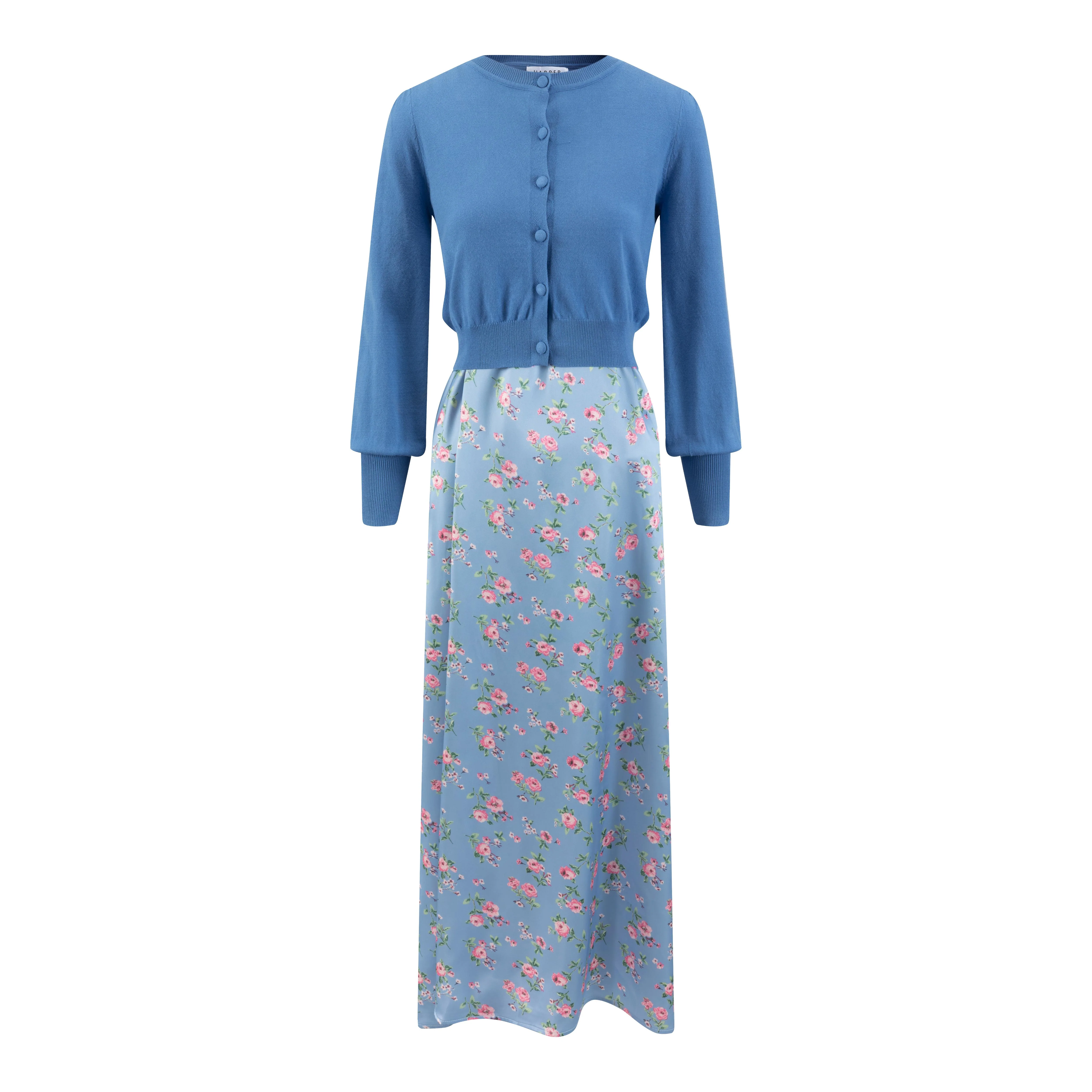 Blue Dress With Blue Knit Cardigan Overlay - Image 2