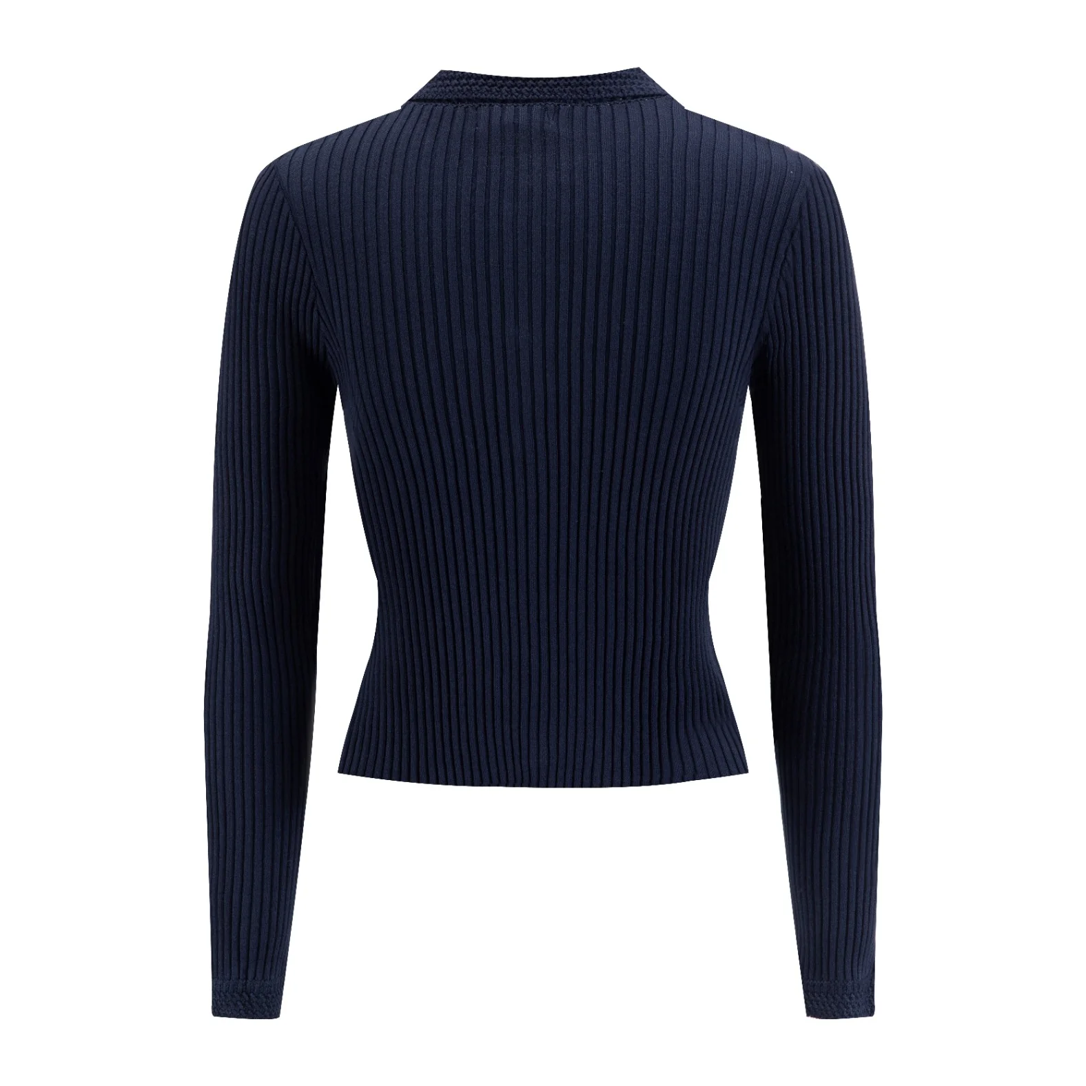 Navy Crochet Collared Knit Cardigan - Image 2