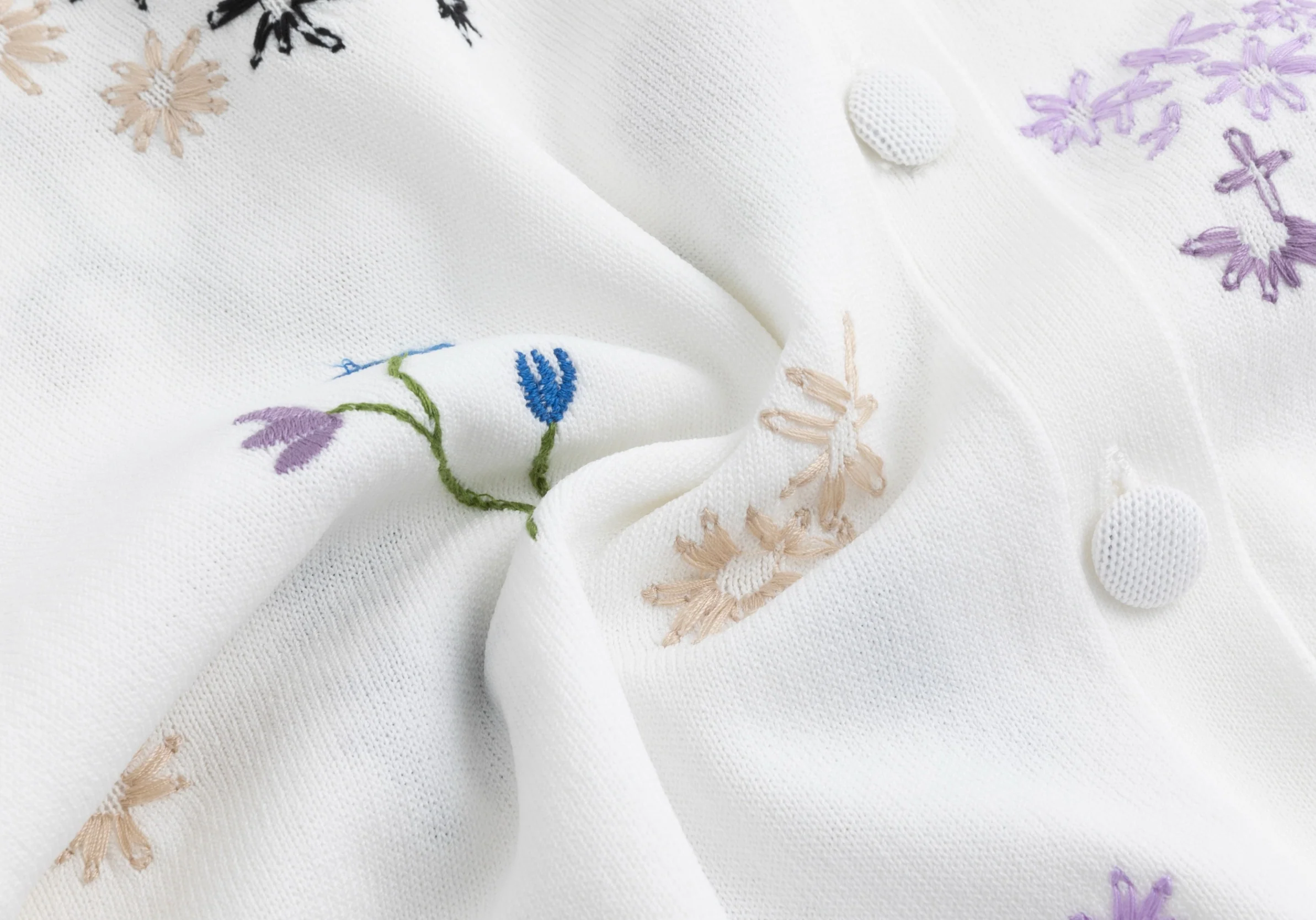 White Knit Cardigan With Multi Color Floral Embroidery - Image 3