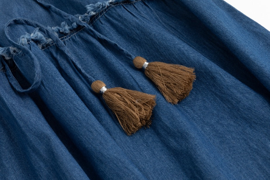Blue Denim Layer Skirt With Tassels - Image 4