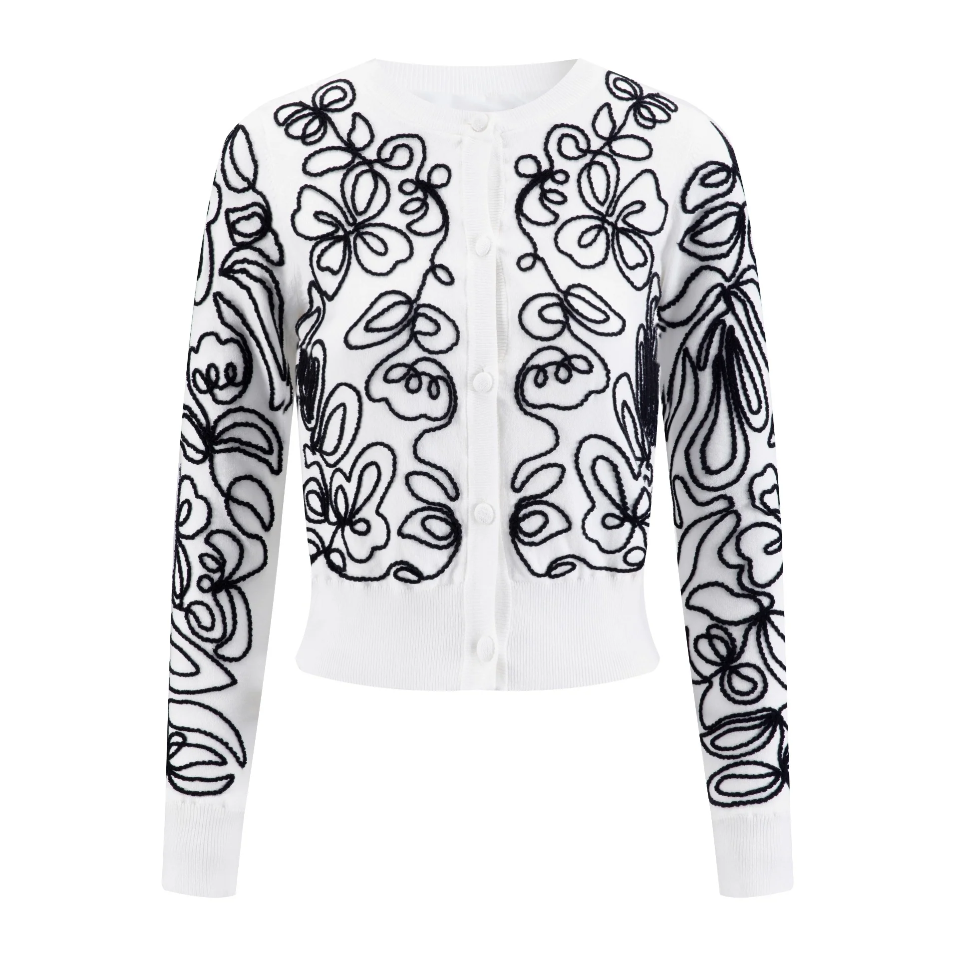 White And Black Embroidered Floral Cardigan - Image 2